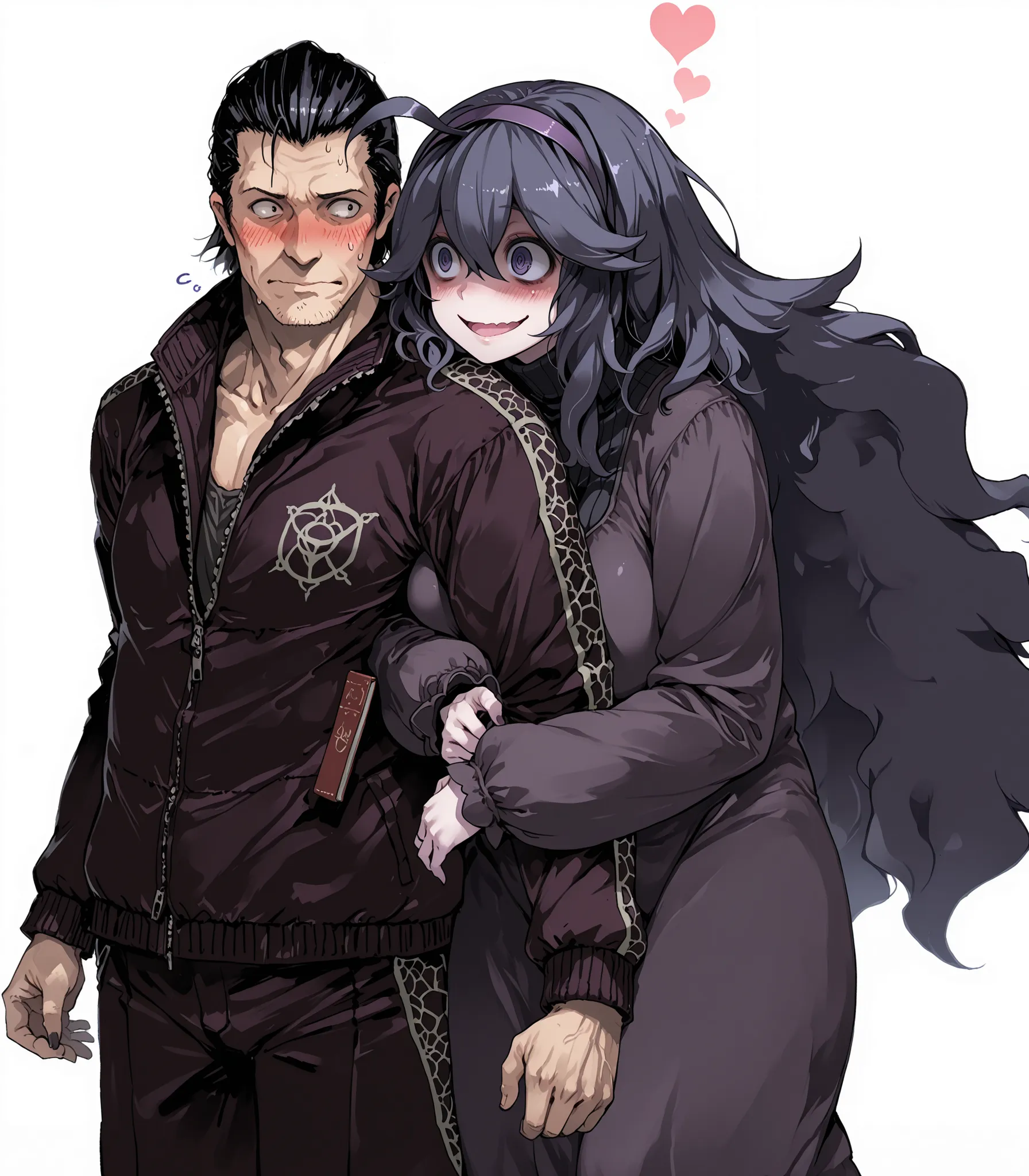 1boy, 1girl, dating, Hex Maniac, Ukyo Tatsuya, source_game, high quality, blushing, confused male, yandere female,