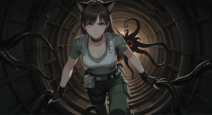 Rebecca Chambers from resident evil, masterpiece, best quality, 1girl, solo, rbchm, ((cat girl, cat black ears)), (red eyes), (long hair), (( black hair, (Ahoge), straight bangs,)), , with a black off-shoulder blouse,short black skirt,, stud earrings, red...