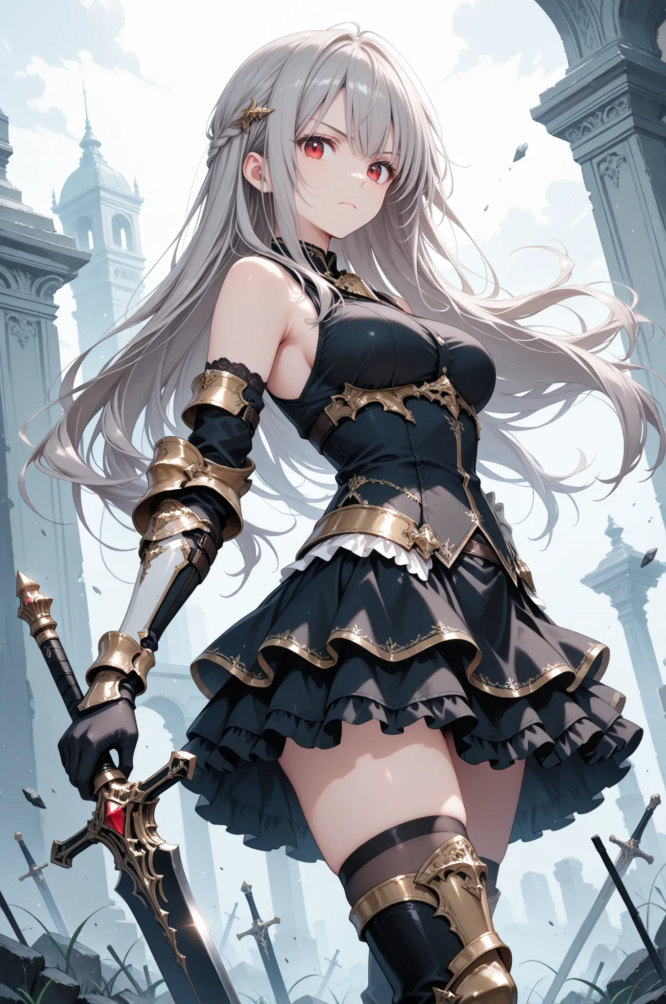 1girl ,armor ,black gloves ,black shirt ,black skirt ,closed mouth ,cowboy shot ,dutch angle ,elbow gloves ,frilled skirt ,frills ,from below ,from side ,gloves ,grey hair ,holding ,holding sword ,holding weapon ,layered skirt ,looking at viewer ,long hair...