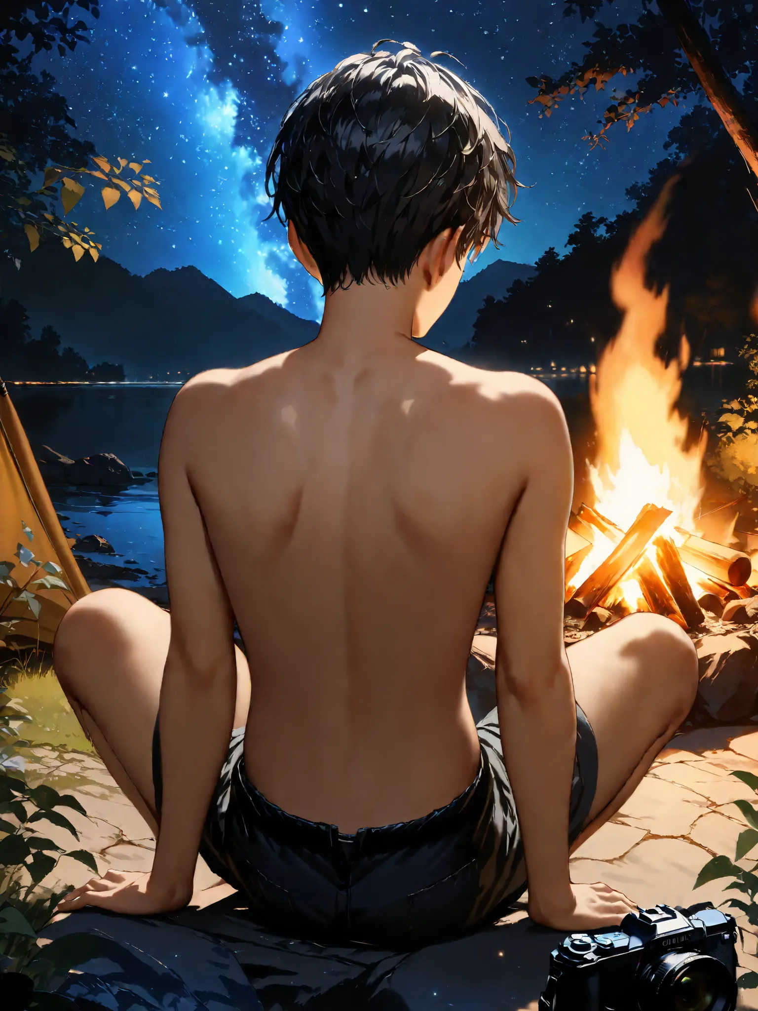 (1 boy), ((young boy)), (black neat hair), (small build, delicate body), (topless, naked), shorts, ((sitting with arms around knees)), ((highly detailed, high resolution, very detailed, superb quality, amazing, masterpiece, top quality, very detailed CG Un...