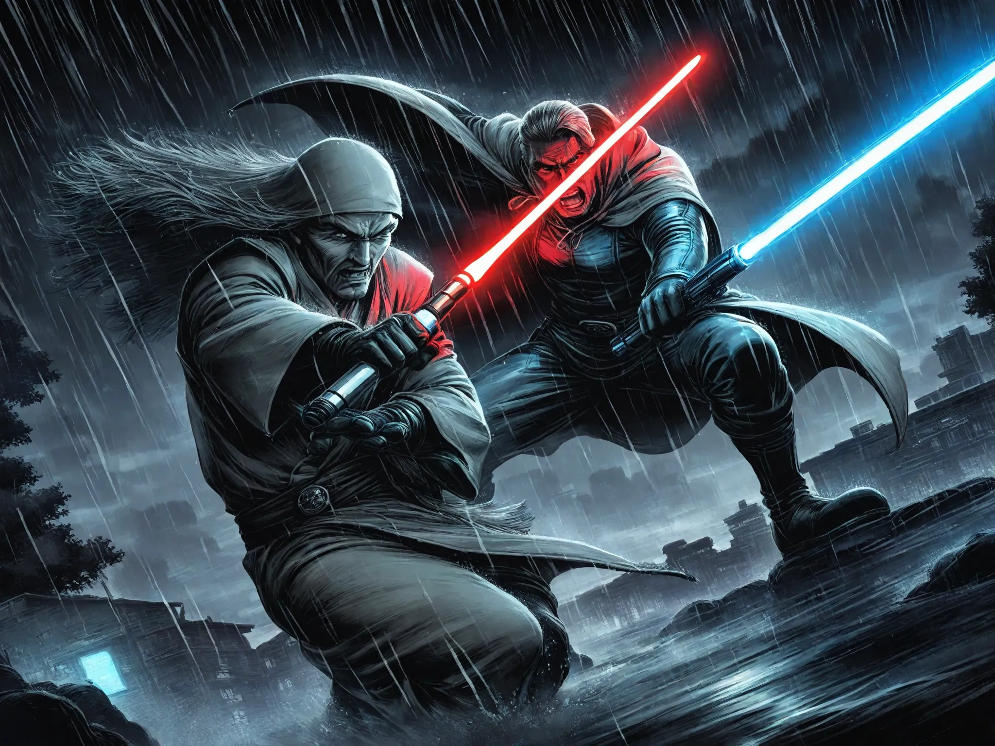 KateR, Pencil sketch, lineart, monochrome, A Jedi with a blue Lightsaber fighting a Sith with a red lightsaber, night, rain, downpour, heavy rain, wet cloaks, action shot, dynamic pose, fighting
