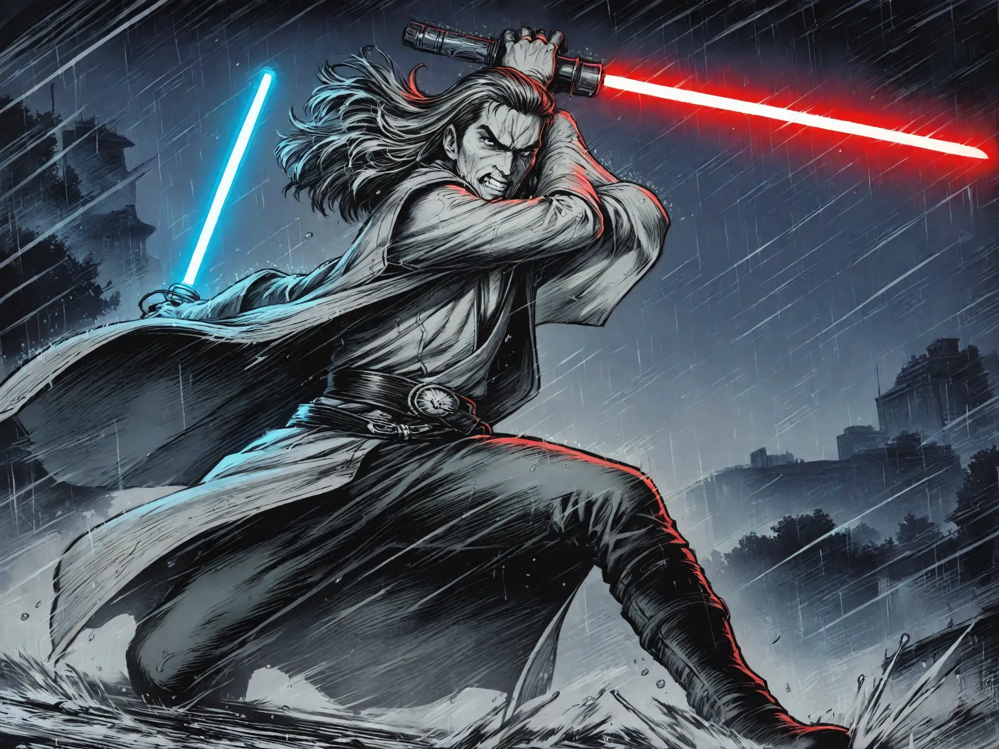 KateR, Pencil sketch, lineart, monochrome, A Jedi with a blue Lightsaber fighting a Sith with a red lightsaber, night, rain, downpour, heavy rain, wet cloaks, action shot, dynamic pose, fighting