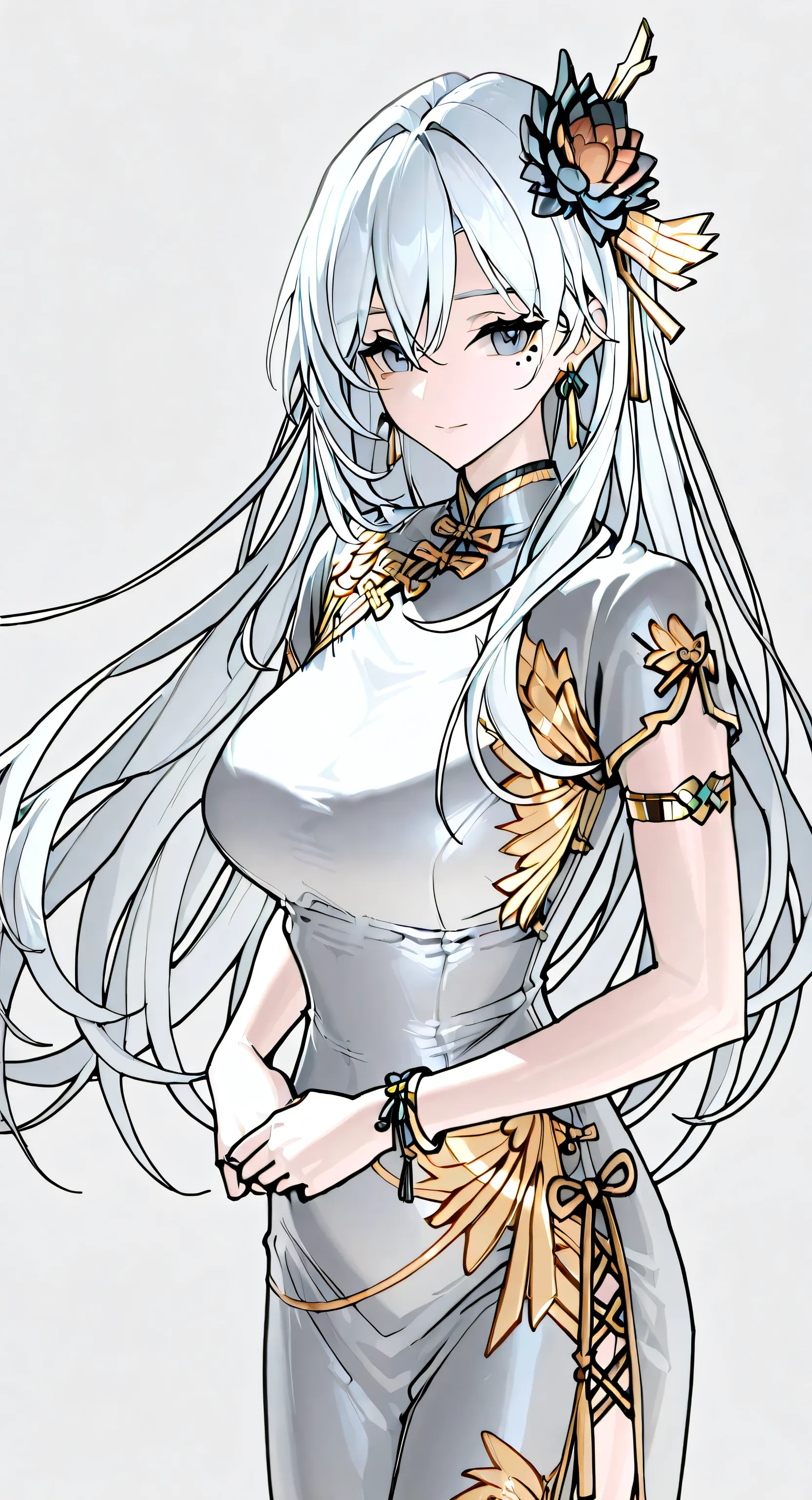 mole under eye、Armlet for left arm、bracelet for right wrist、China Dress,anime girl Picture of a woman with long white hair and a flower in her hair, gray hairの deity, Anime Goddess, gray hairの, gray hairの lady, gray hair, Zodiac Knight Portrait Girl, Haise...