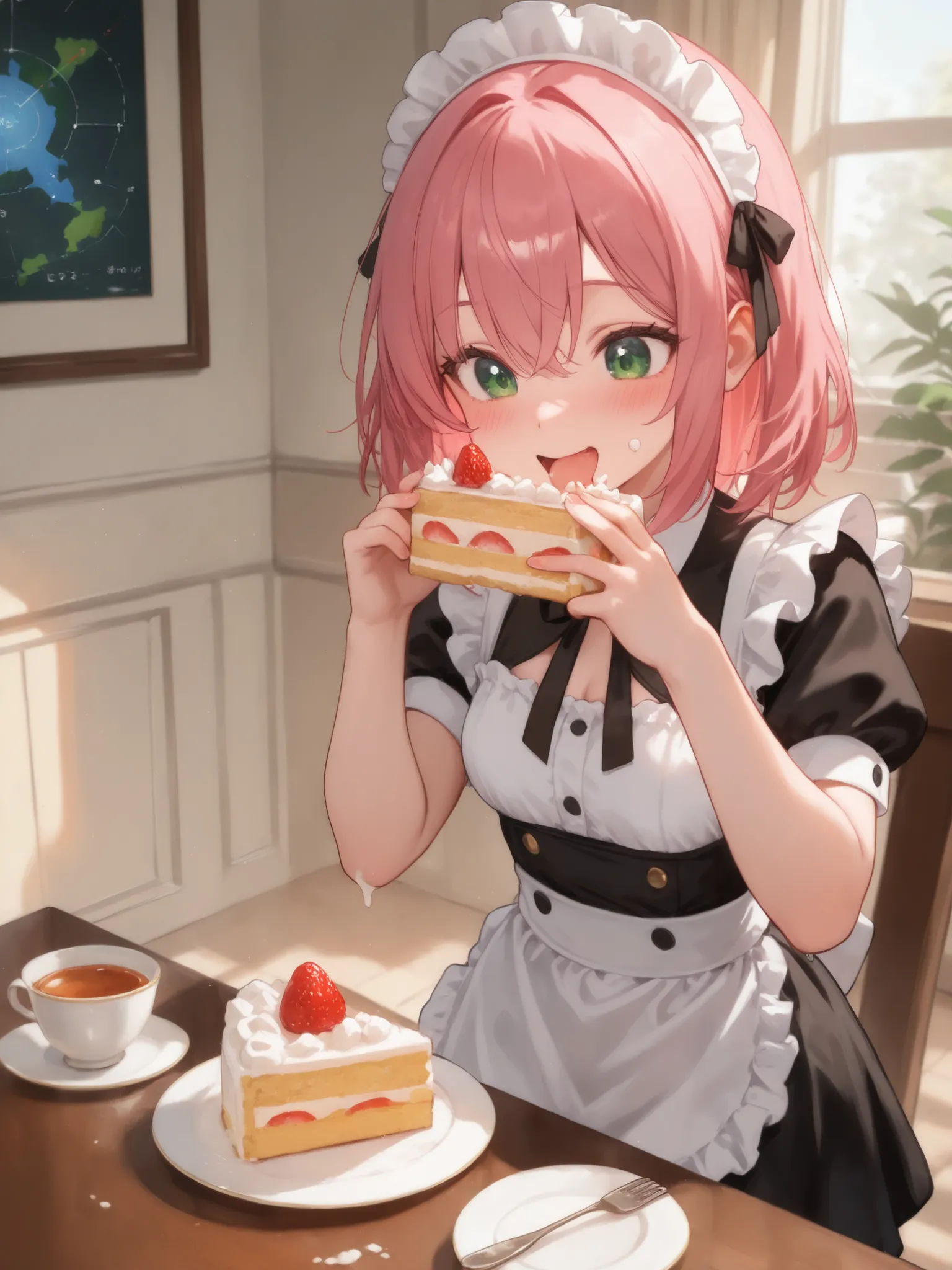masterpiece, high res, top quality, One Girl, cute maid, cute girl, black and white maid dress, Cute Headdress, happy, Melting Ex PRESSION, Pink Gold Hair, eats cake, (((Holding a half-eaten cake with both hands))),, Blush, on the table are freshly eaten s...