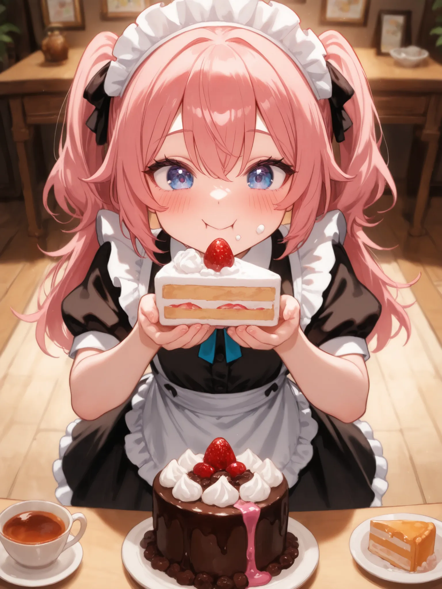 masterpiece, high res, top quality, One Girl, cute maid, cute girl, black and white maid dress, Cute Headdress, happy, Melting Ex PRESSION, Pink Gold Hair, eats cake, (((Holding a half-eaten cake with both hands))),, Blush, on the table are freshly eaten s...