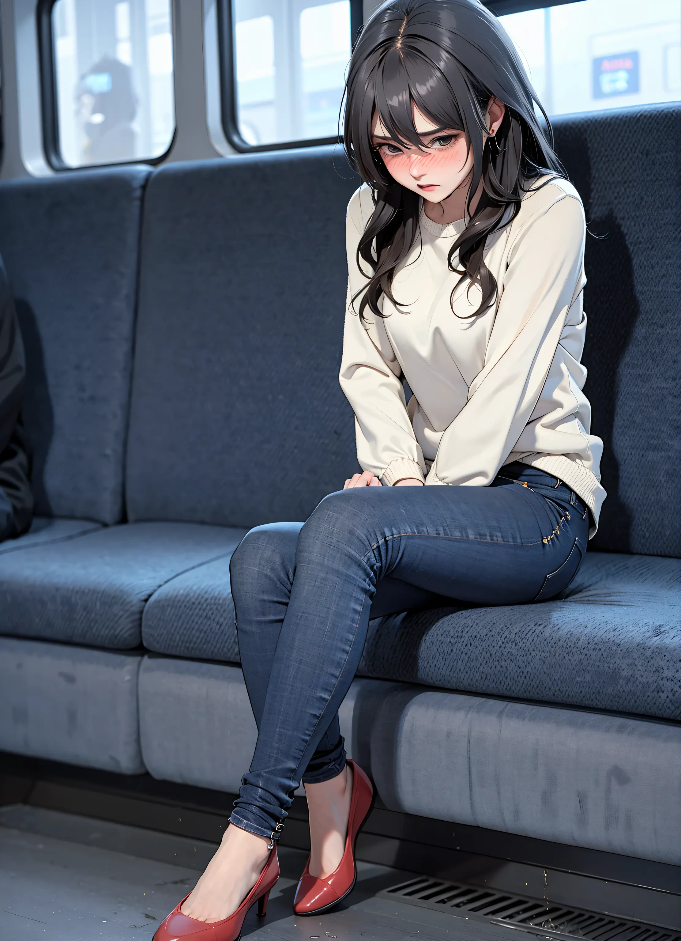 desperation,1girl, ((sitting)), tight jeans, on a train, (desperation:1.2), (need to pee),  ((crossing legs)), (hand cover own bladder), leaning forward, ((nervous)), ((embarrassed)), medium hair, wavy hair, worried, source_anime, score_7_up