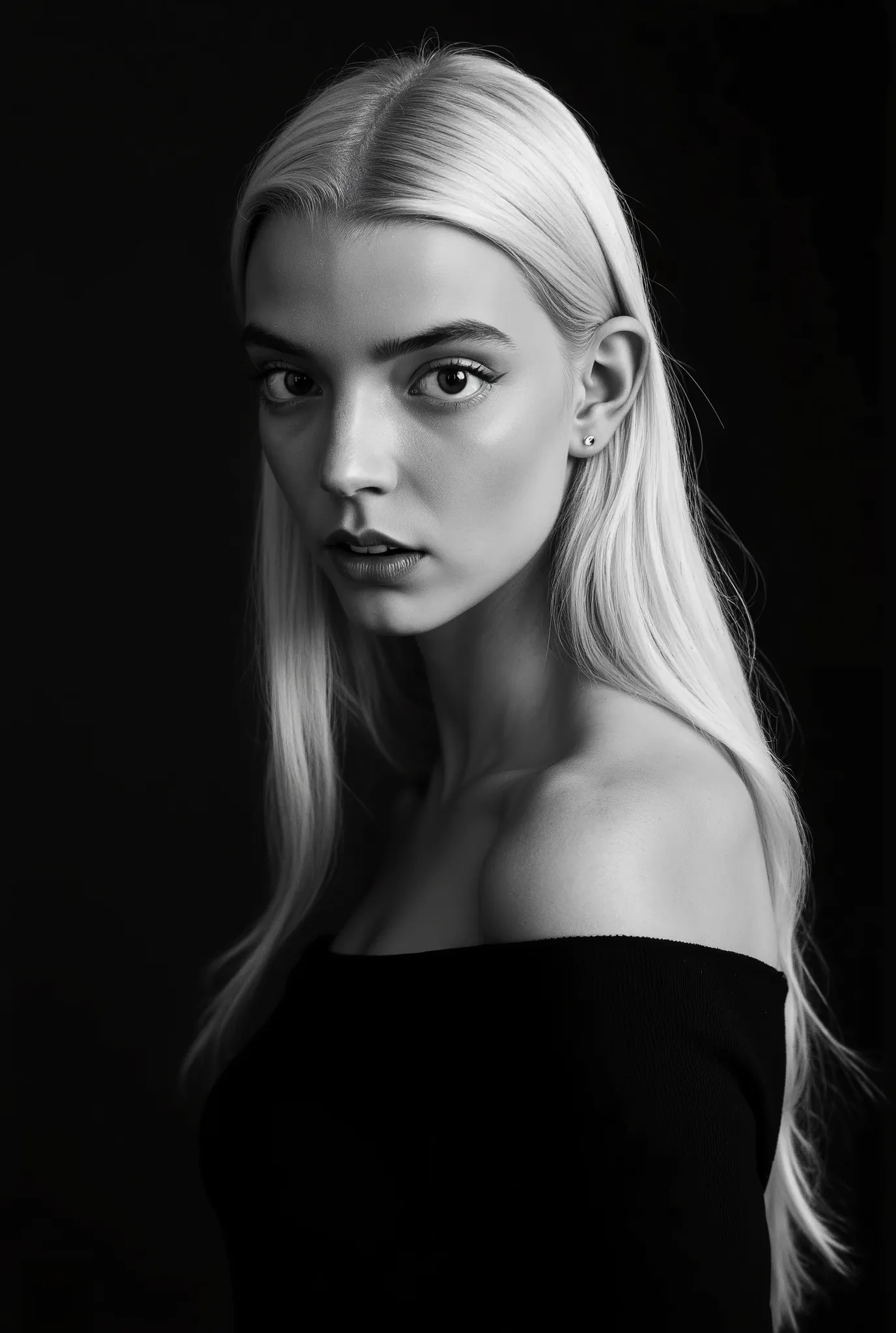 In a monochromatic setting, a girl showcases striking long, blonde hair that flows freely over their shoulders. The hair is characterized by its smooth texture and subtle layers, catching the light in gentle highlights that contrast against a shadowy backd...
