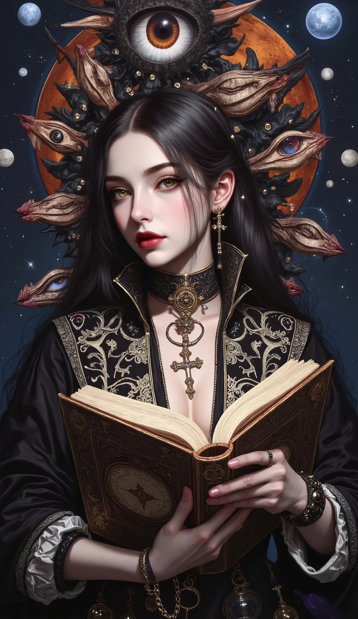 Surreal Painting,  An extravagant, mysterious female figure dressed in intricately embroidered black and white medieval clothing that fits her form perfectly , A jeweled rosary necklace with a large crucifix rests on her shoulder,Allusions to a historical ...