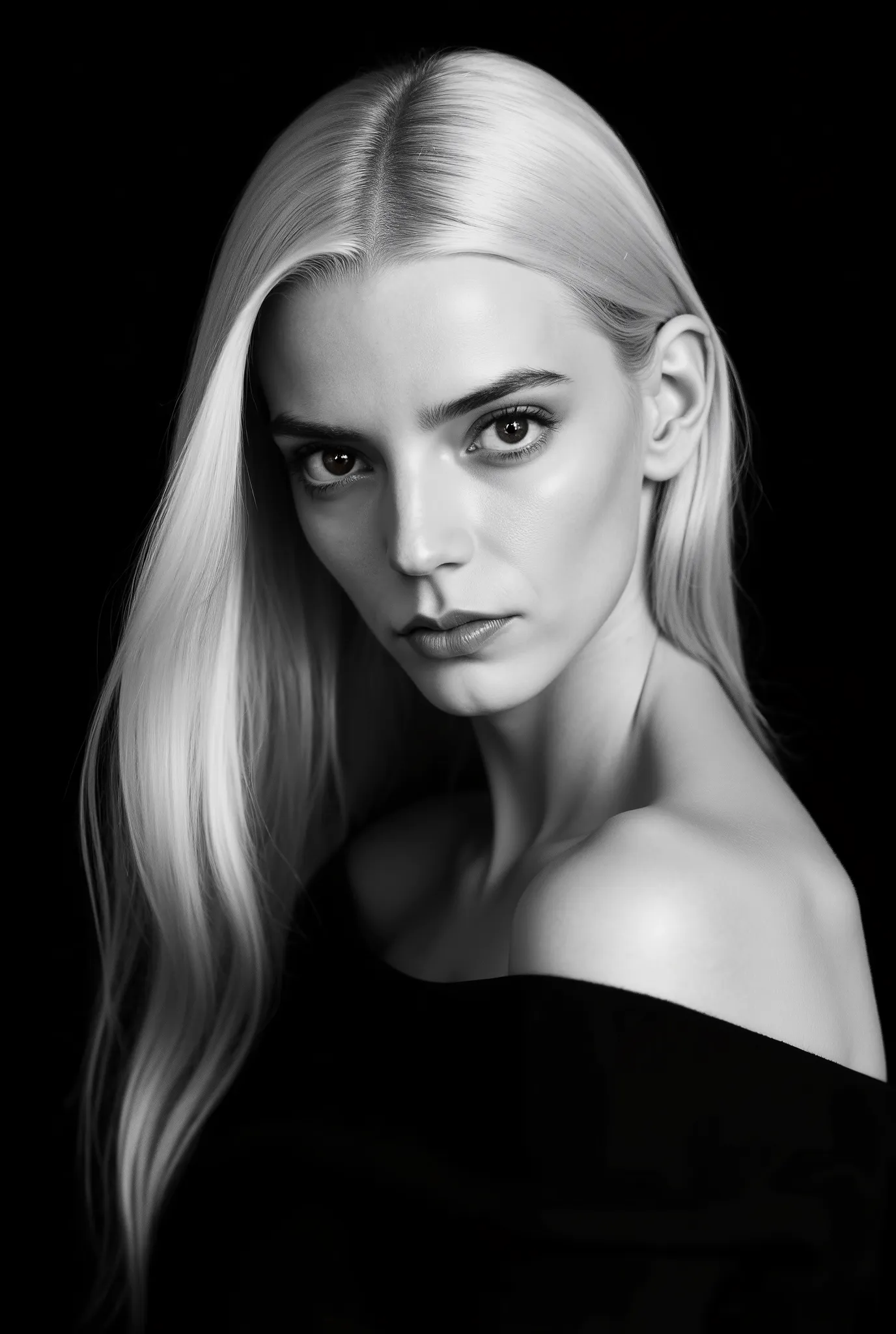 In a monochromatic setting, a girl showcases striking long, blonde hair that flows freely over their shoulders. The hair is characterized by its smooth texture and subtle layers, catching the light in gentle highlights that contrast against a shadowy backd...
