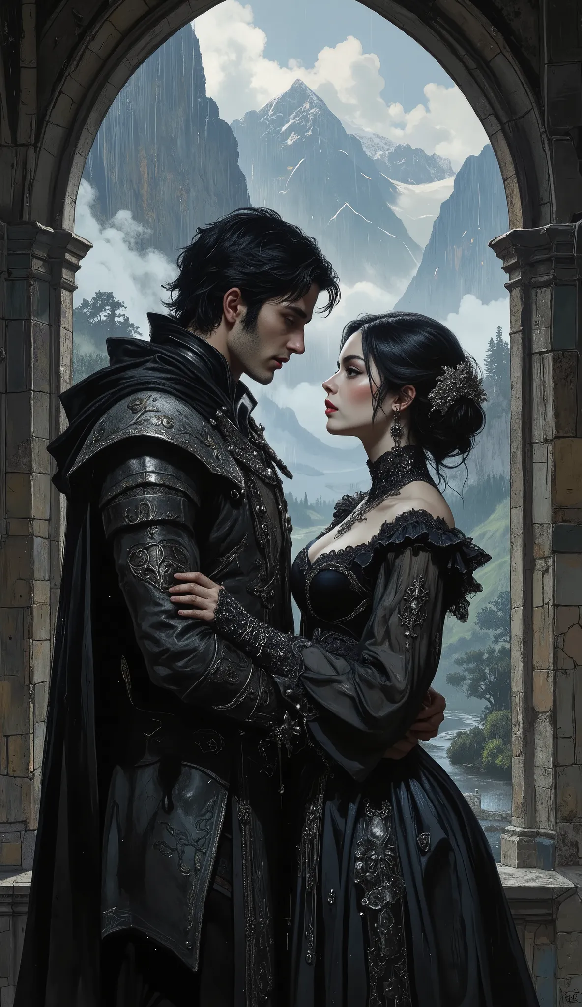 A couple in love met in an ancient castle, high in the mountains, at a huge arched window, behind which rain and wind are raging. They look at each other, their fingers entwined. Rain drips down ancient stones, and in the distance, through a veil of water,...
