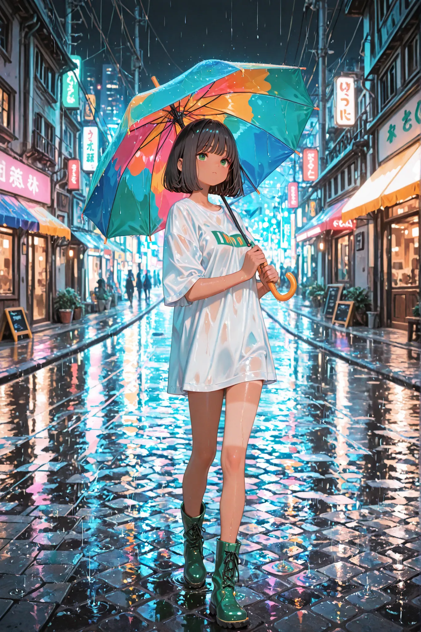 masterpiece, top quality next to viewers, high definition eye, Beautiful girl, Slightly Tanned Skin, green eyes, dark haired,  bob cut hair , Super Detailed, solo, quiet western city, wearing a colorful umbrella, wearing green rain boots reflecting city li...