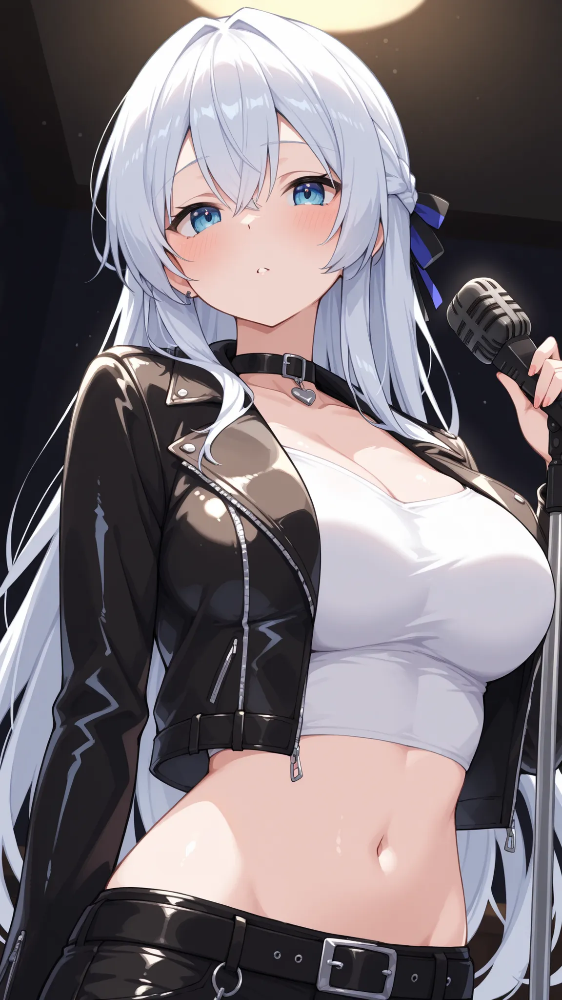 Female Vocalist。punk rocker。Microphone Stand。A。Angle showing the upper body from below、Leather Jacket。 Slim。live venue