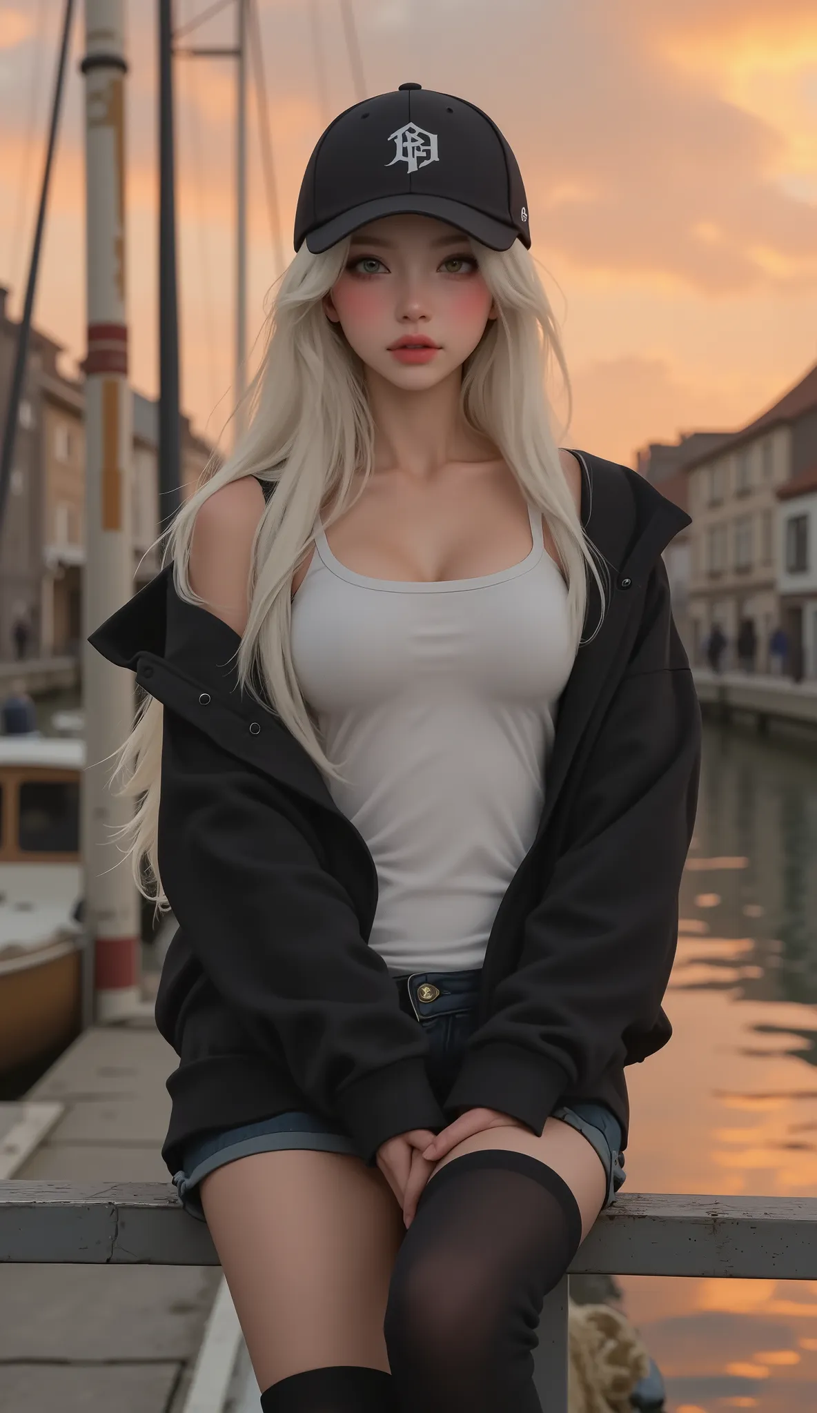 (masterpiece, Best quality, super detailed, computer graphics, 8k wallpaper,),(One girl,Beautiful face,white long hair, yellow eyes,tender eyes,,big bust, upper body,hairpin,White shirt, black jacket with a hood, black baseball cap, black stockings, black ...