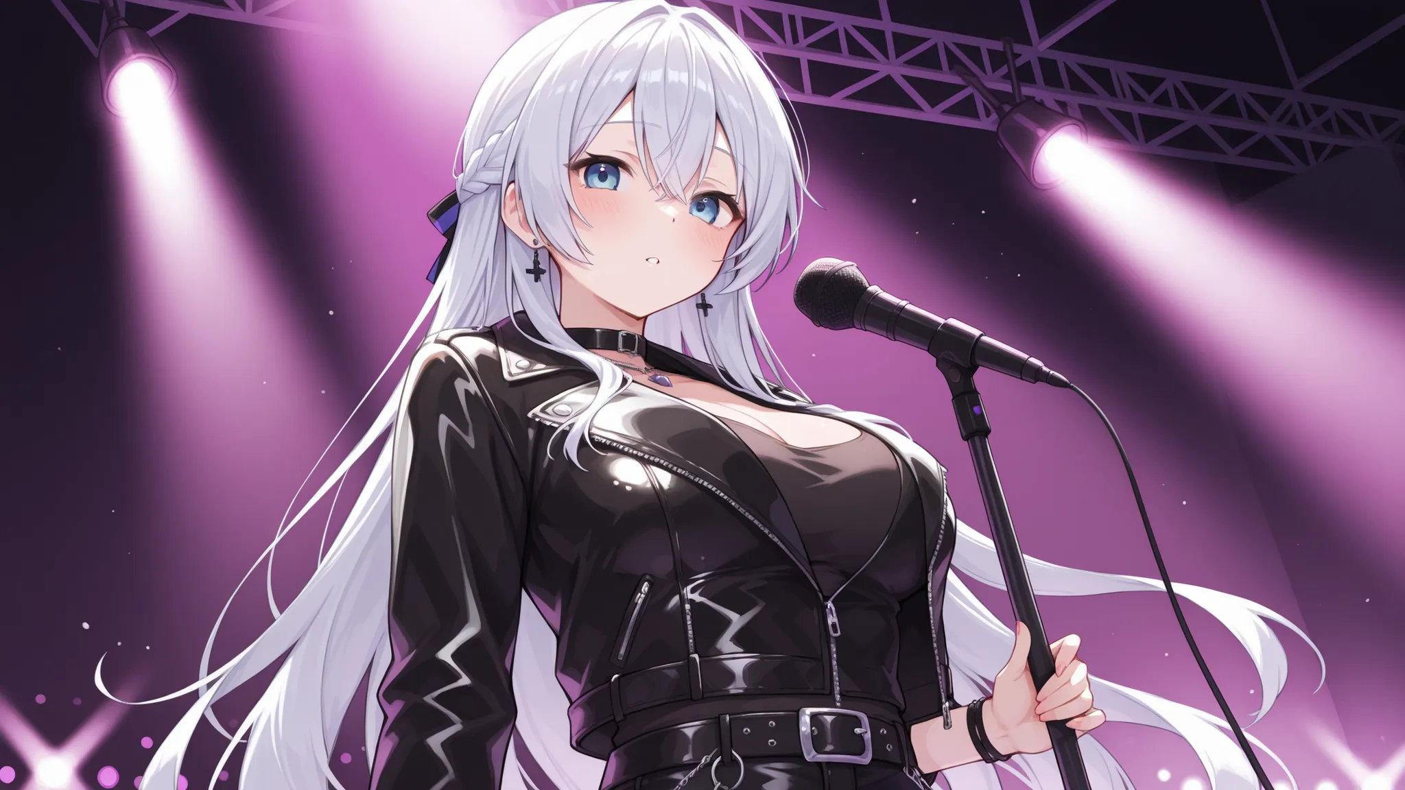 Female Vocalist。punk rocker。Microphone Stand。A。Angle showing the upper body from below、Leather Jacket。 Slim。live venue