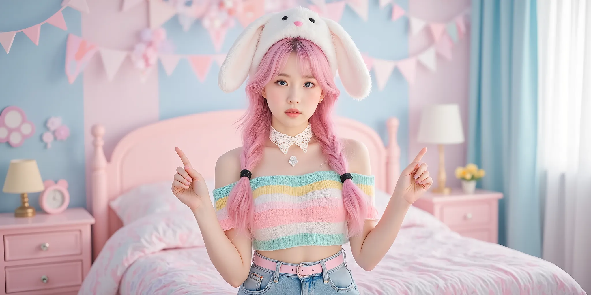 A cute Korean-style Thai model with vibrant pink hair styled in two long, neatly braided pigtails secured with black hair ties, wearing a soft single-strap knit crop top with colorful stripes in shades of pink, yellow, blue, and green, featuring a loose, f...