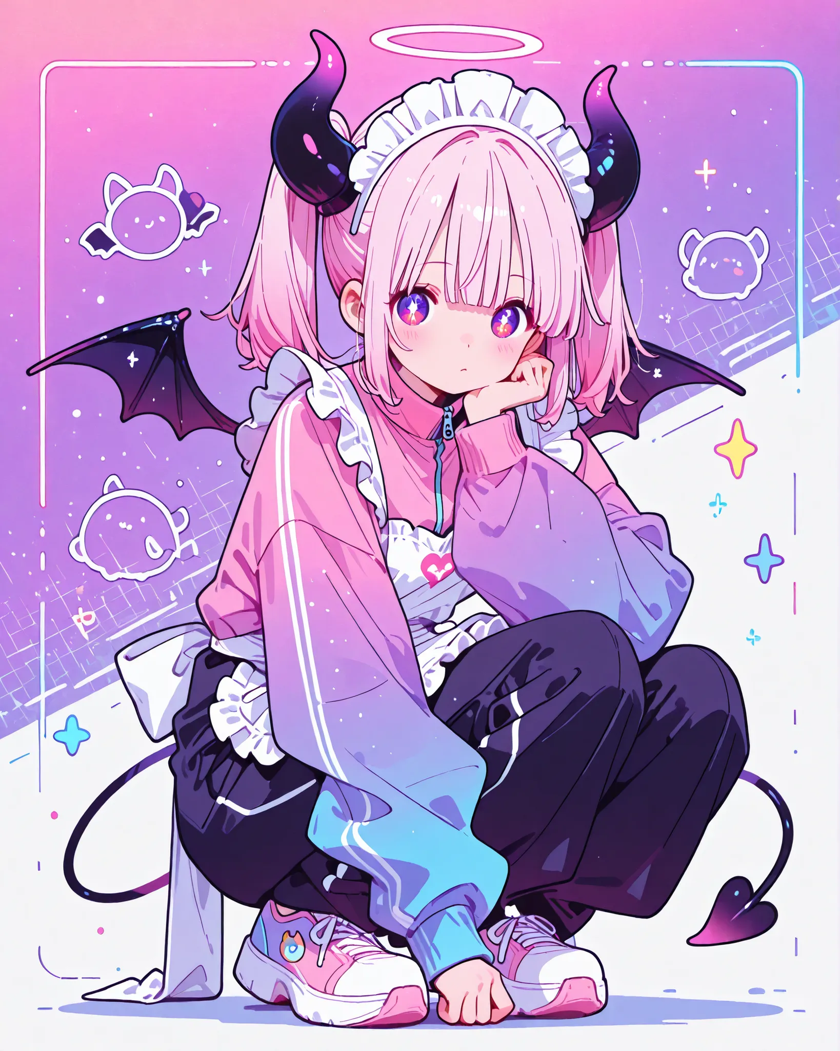 Cute Anime Devil Girl Wearing a Bright Pastel Neon Pink Schoolrun Jacket and a Pure White Ruffled Maid Apron（small geometric pattern background in pastel neon pink and neon blue）.  Devil's Horn ,   Demon Wings. thick straight cut bangs, twin tails, pink ha...