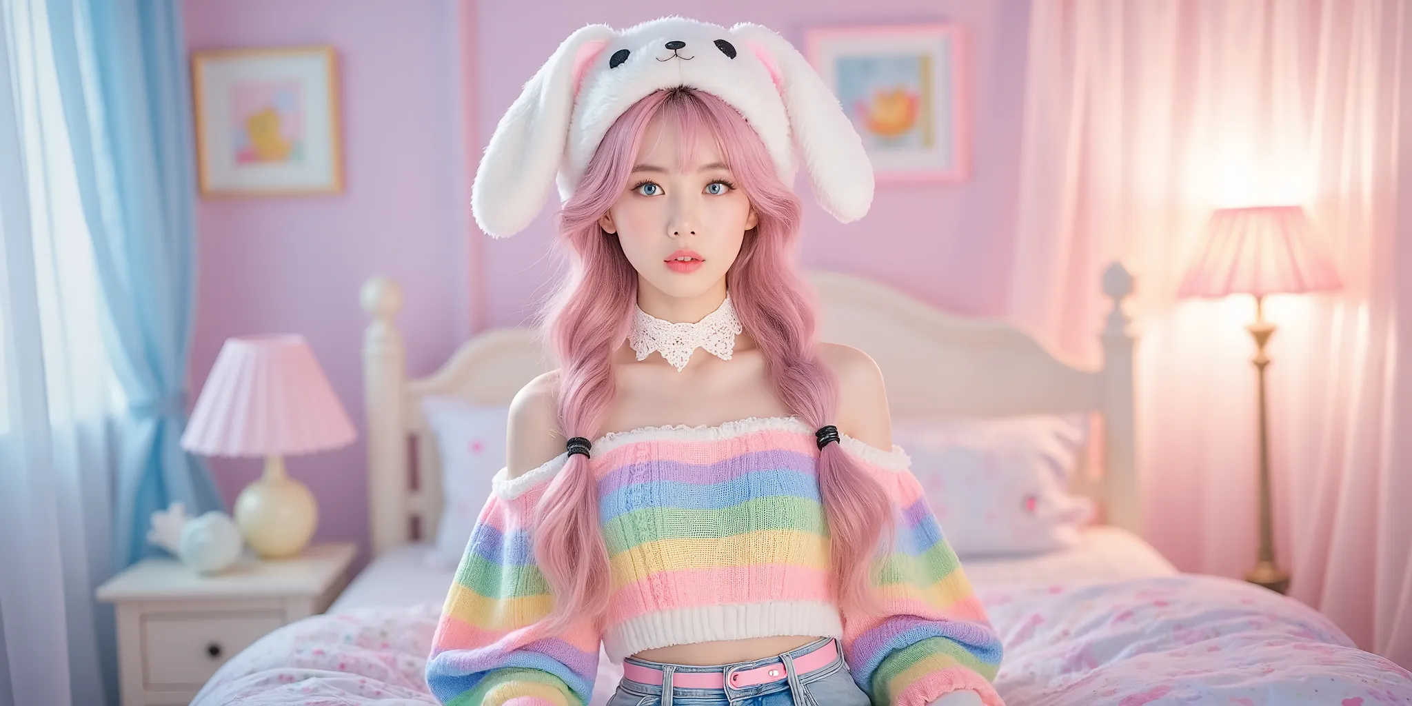 A cute Korean-style Thai model with vibrant pink hair styled in two long, neatly braided pigtails secured with black hair ties, wearing a soft single-strap knit crop top with colorful stripes in shades of pink, yellow, blue, and green, featuring a loose, f...