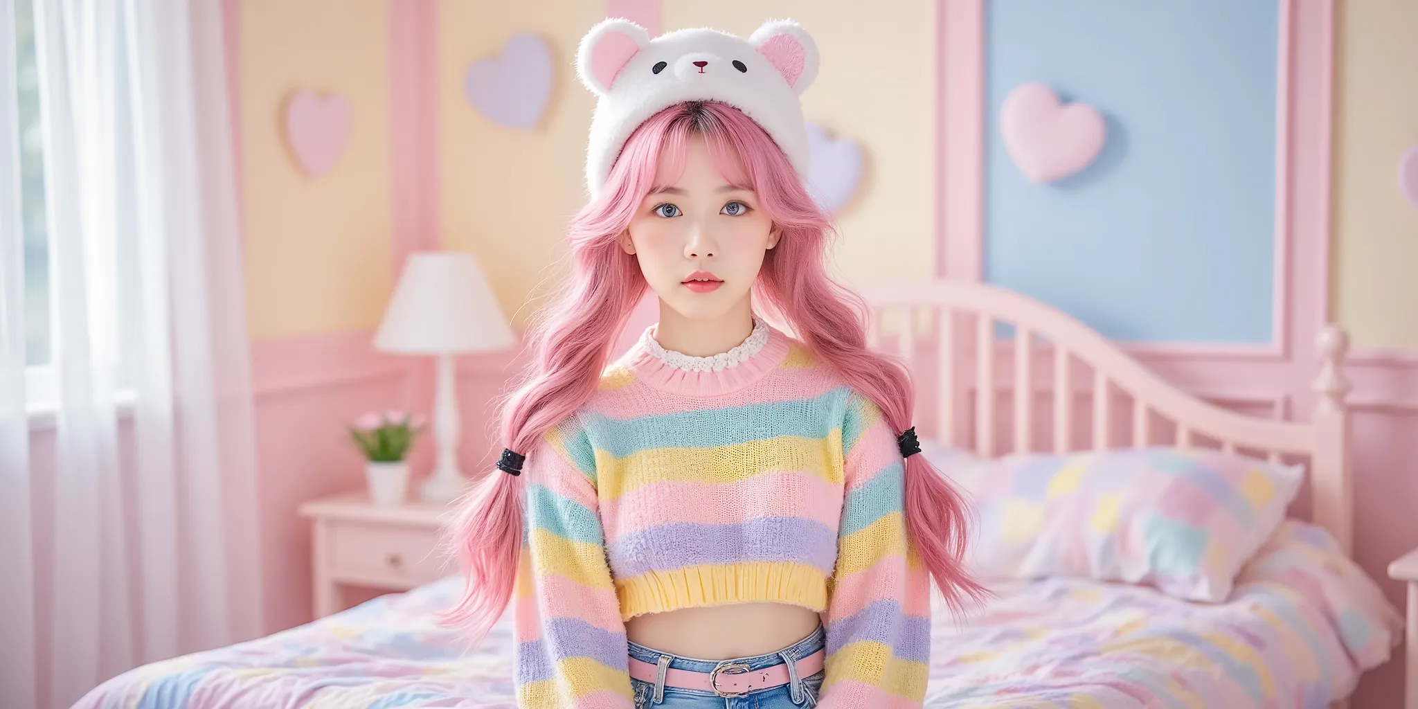 A cute Korean-style Thai model with vibrant pink hair styled in two long, neatly braided pigtails secured with black hair ties, wearing a cozy, multicolored striped crop top in shades of pink, yellow, blue, and green with a soft knit texture, left loose at...