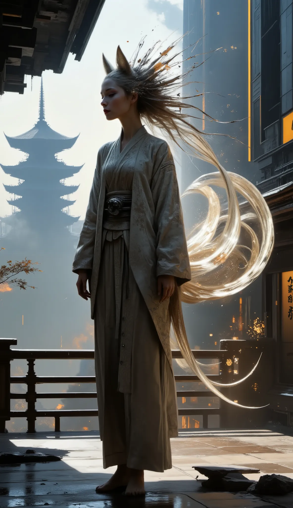 (masterpiece, best quality, ultra-detailed, cinematic lighting, sharp focus), 
full body shot, 
solo female cyber kitsune (nine tails), digital priestess, just materialized, sleepy expression, disoriented, 
wearing simple open holographic haori jacket (tra...