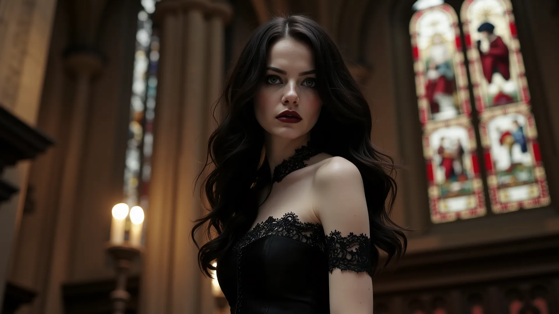 A mysterious yet elegant gothic woman with pale skin, dark lipstick, and long wavy raven-black hair, wearing a black lace corset dress, standing in an old candlelit cathedral, stained glass windows in the background, dramatic shadows, realistic style, 4K