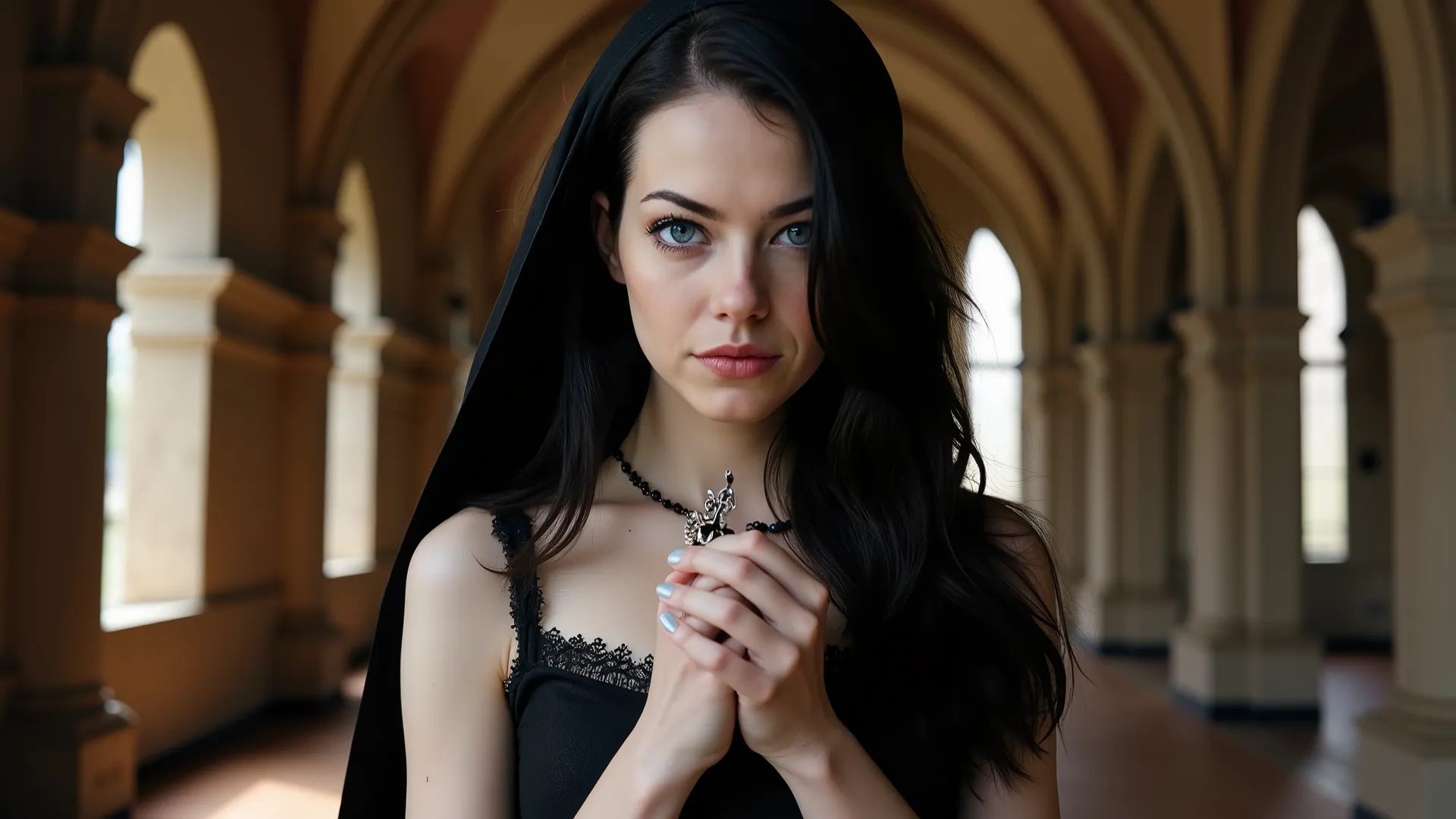 Beautiful woman with blue eyes, wavy black hair, praying, with rosary in hand, sexy nun dress and lace, in the background a church