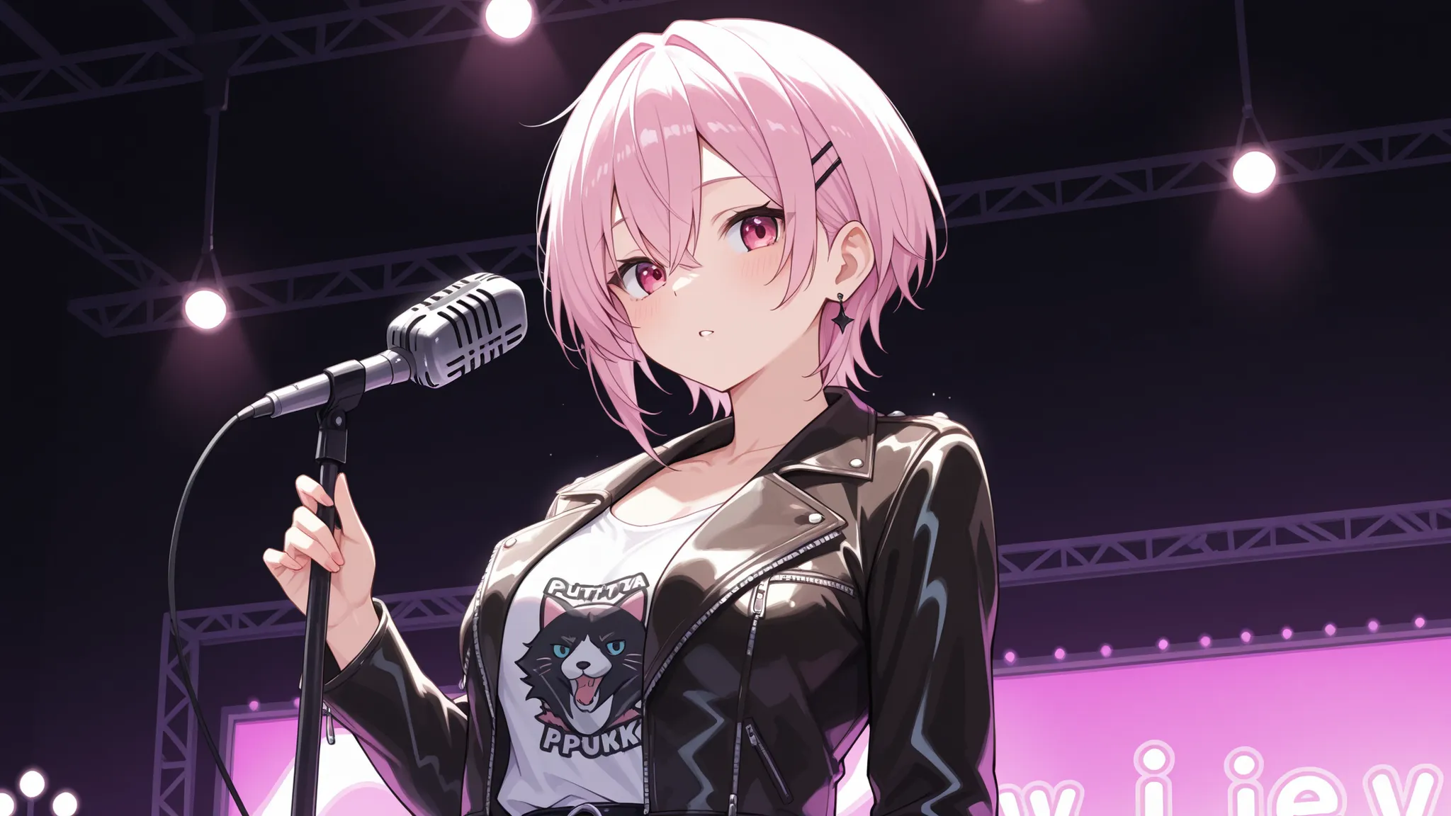 Female Vocalist。punk rocker。Microphone Stand。A。Angle showing the upper body from below、Leather Jacket。short hair。 Slim。live venue