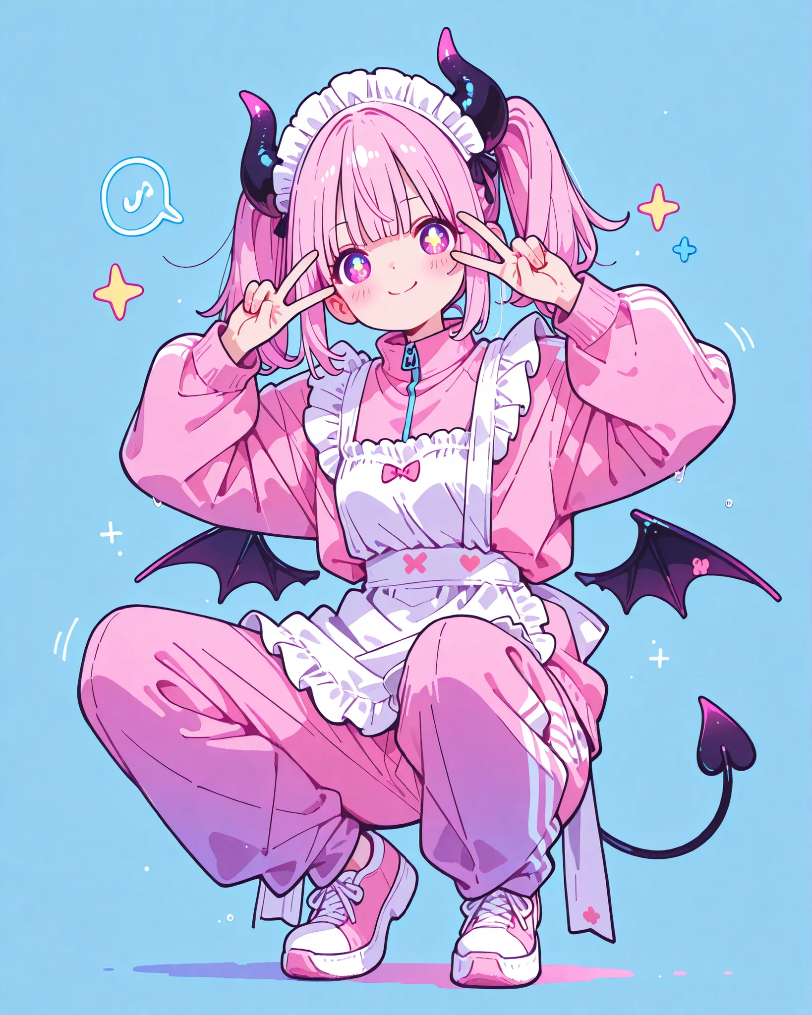 Cute Anime Devil Girl Wearing a Bright Pastel Neon Pink Schoolrun Jacket and a Pure White Ruffled Maid Apron（Pastel Neon Blue Plain Background）.    Devil's Horn   ,     Demon Wings. Thick Straight Cut Bangs, twin tails, pink hair color、neon pink jersey lon...