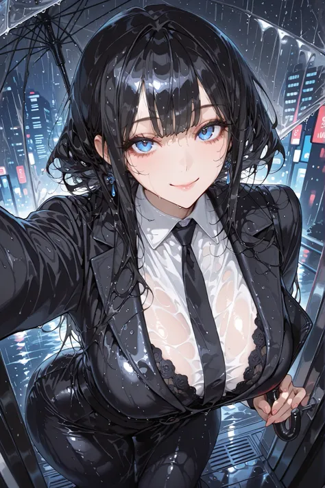 masterpiece, best quality, bright, very aesthetically pleasing, high contrast, newest , 1 divinely beautiful woman, mature woman, voluptuous woman, long lashes, wearing a sexy and elegant office outfit, holding a umbrella, during a nighttime rainstorm, rea...