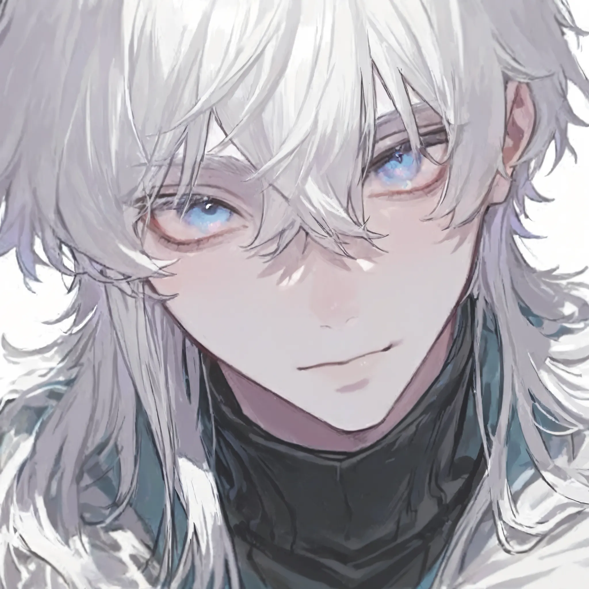 masterpiece, best quality, high details, a handsome guy with a black turtleneck, blue eyes and white hair, white plain background