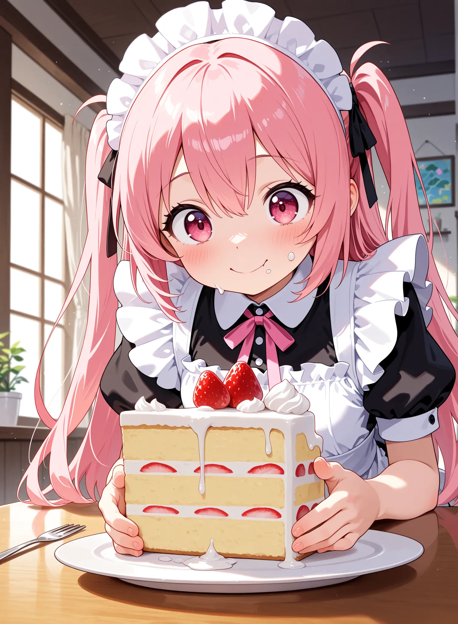 masterpiece, high res, top quality, One Girl, cute maid, cute girl, black and white maid dress, Cute Headdress, happy, Melting Ex PRESSION, Pink Gold Hair, eats cake, (((Holding a half-eaten cake with both hands))),, Blush, on the table are freshly eaten s...