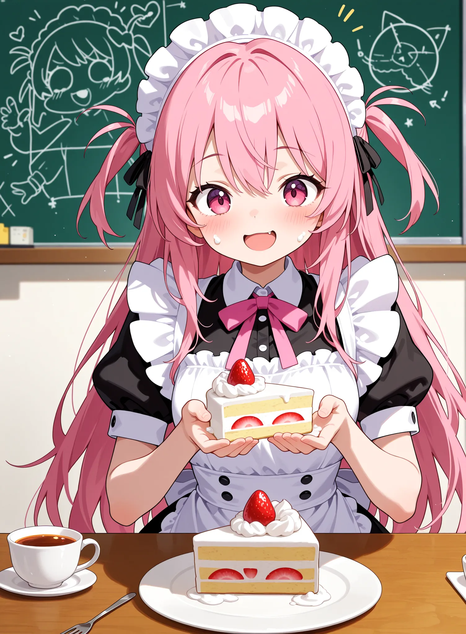 masterpiece, high res, top quality, One Girl, cute maid, cute girl, black and white maid dress, Cute Headdress, happy, Melting Ex PRESSION, Pink Gold Hair, eats cake, (((Holding a half-eaten cake with both hands))),, Blush, on the table are freshly eaten s...