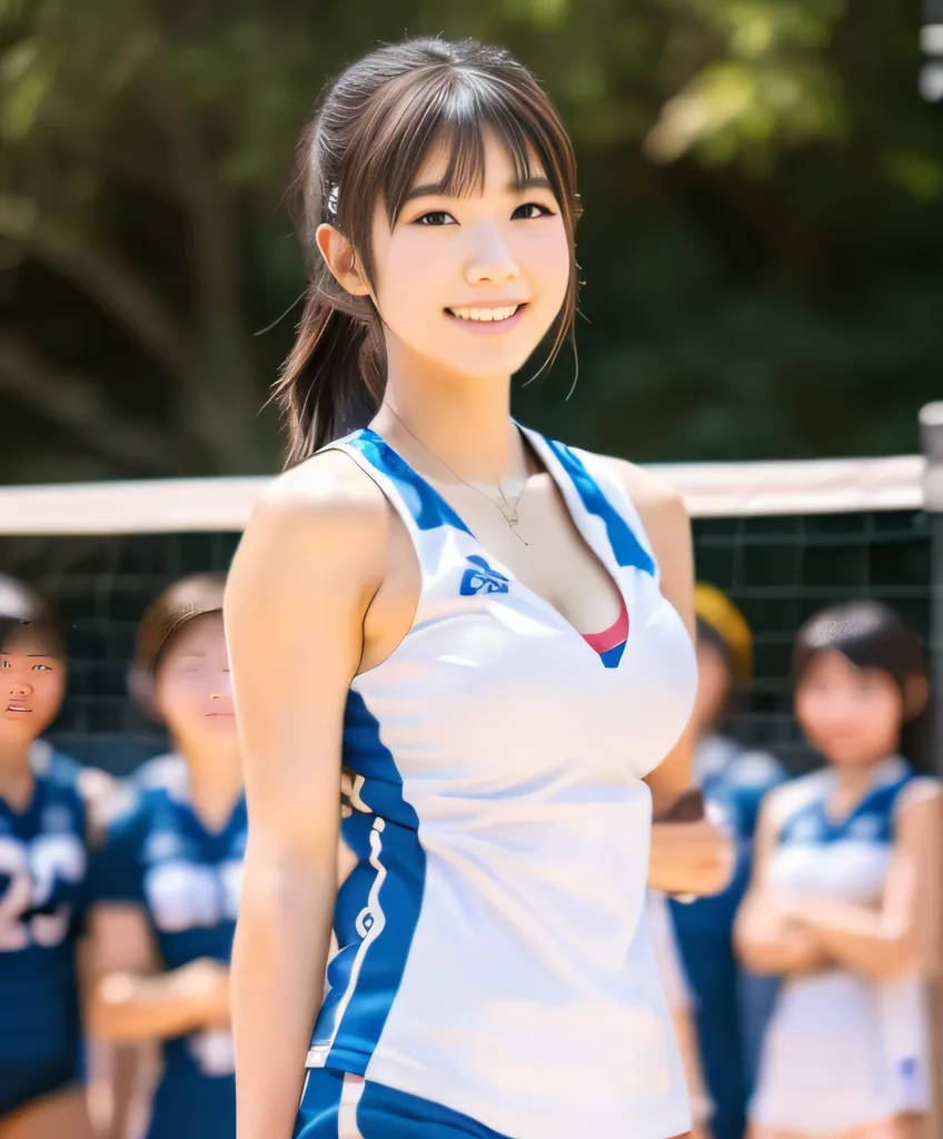 (masterpiece、top quality next to viewers、Ultra High Resolution)、(cute high school volleyball players、 idol class、boyish)、Japanese Women、perfect body、( volleyball players wearing sexy uniforms:1.2)、   low rise shorts   、smile、   white skin  、(   Giant Arena...