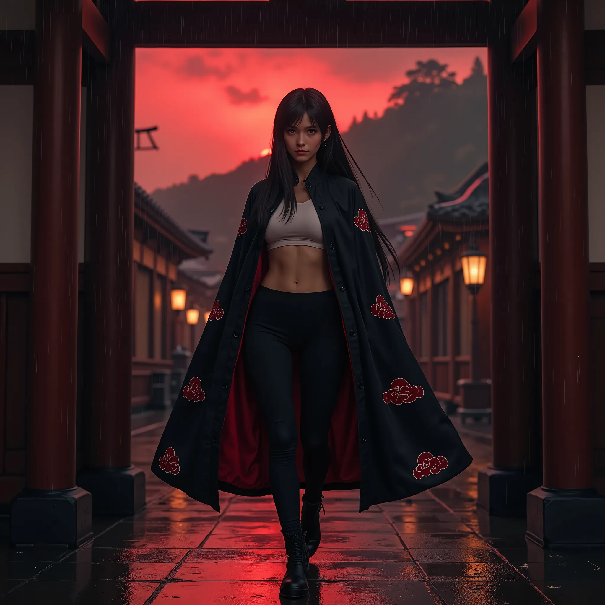 A young woman is in a temple of traditional Japanese architecture, capturing the atmosphere of a rainy day.  She is dressed in an impressive black cape adorned with small red clouds, characteristics of the organization Akatsuki from the anime series "narut...