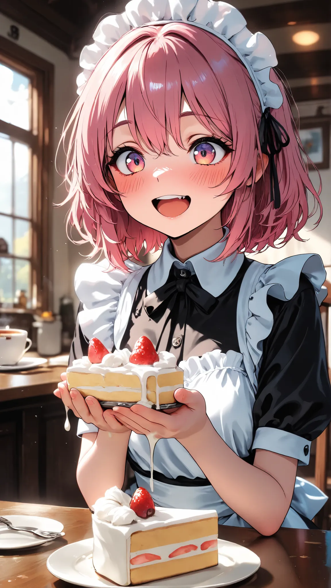masterpiece, high res, top quality, One Girl, cute maid, cute girl, black and white maid dress, Cute Headdress, happy, Melting Ex PRESSION, Pink Gold Hair, eats cake, (((Holding a half-eaten cake with both hands))),, Blush, on the table are freshly eaten s...