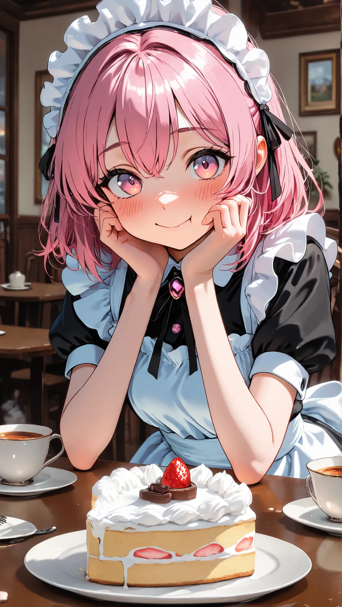 masterpiece, high res, top quality, One Girl, cute maid, cute girl, black and white maid dress, Cute Headdress, happy, Melting Ex PRESSION, Pink Gold Hair, eats cake, (((Holding a half-eaten cake with both hands))),, Blush, on the table are freshly eaten s...