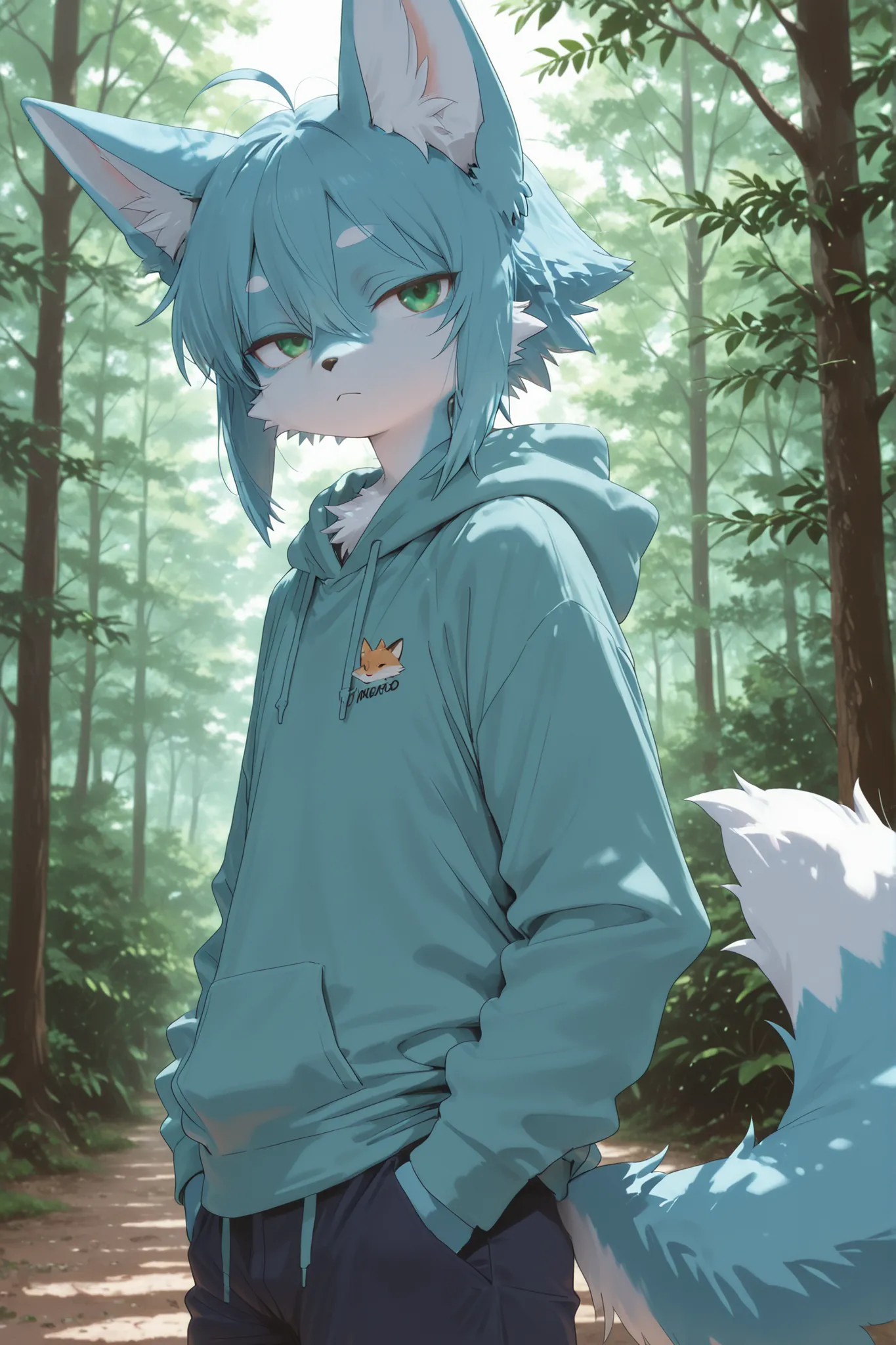 (masterpiece, detailed:1.2),Kemono ,Furry ,fur blue and white, fox, ((male)) , spiky haircut , fluffy , green eyes, Hoodie blue, pants, Hair blue, forest