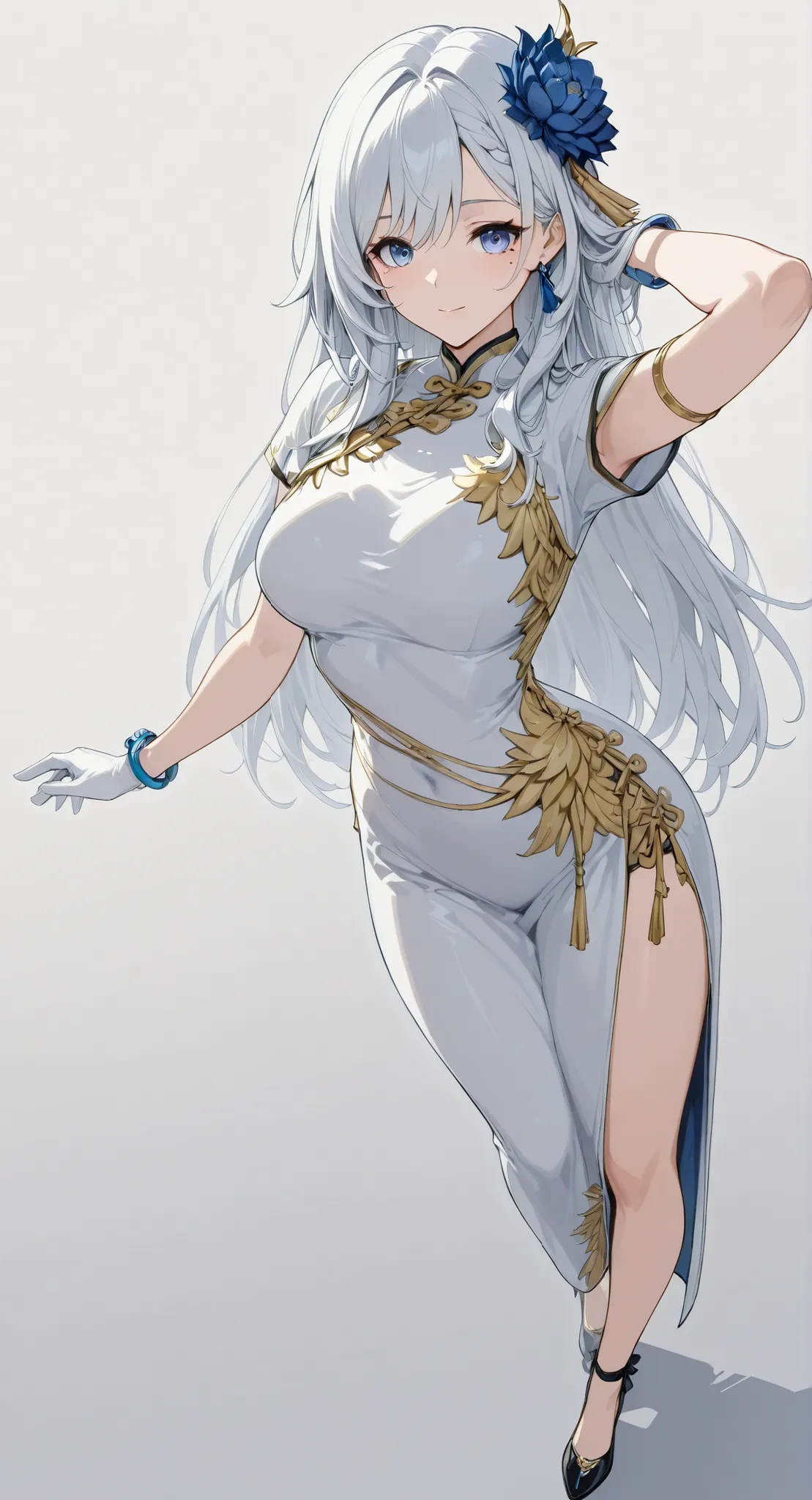 mole under eye、Armlet for left arm、bracelet for right wrist、china dress,anime girl Picture of a woman with long white hair and a flower in her hair, gray hairの deity, Anime Goddess, gray hairの, gray hairの lady, gray hair, Zodiac Knight Portrait Girl, Haise...
