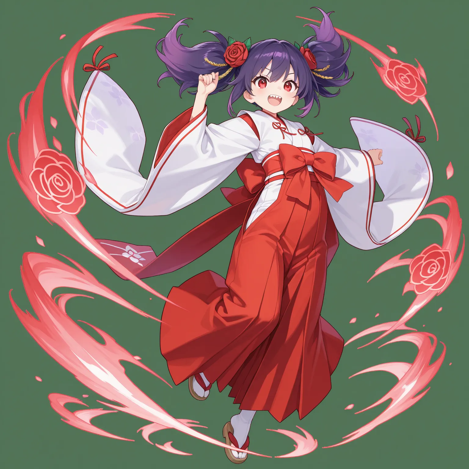 top quality, as pictured, Ultra High Resolution, 1girl, dynamic pose、Pazudora-style aura, {{{young shrine maiden}}}, {{{long purple twin-tails}}}, wavy purple hair, red rose hair ornament《Both Sides 》, {{{bright red eyes}}}, bright smiles,double teeth, White Shrine Maiden Outfit, red hakama, big red ribbon《female servant》、short stature, petite figure, transparent background