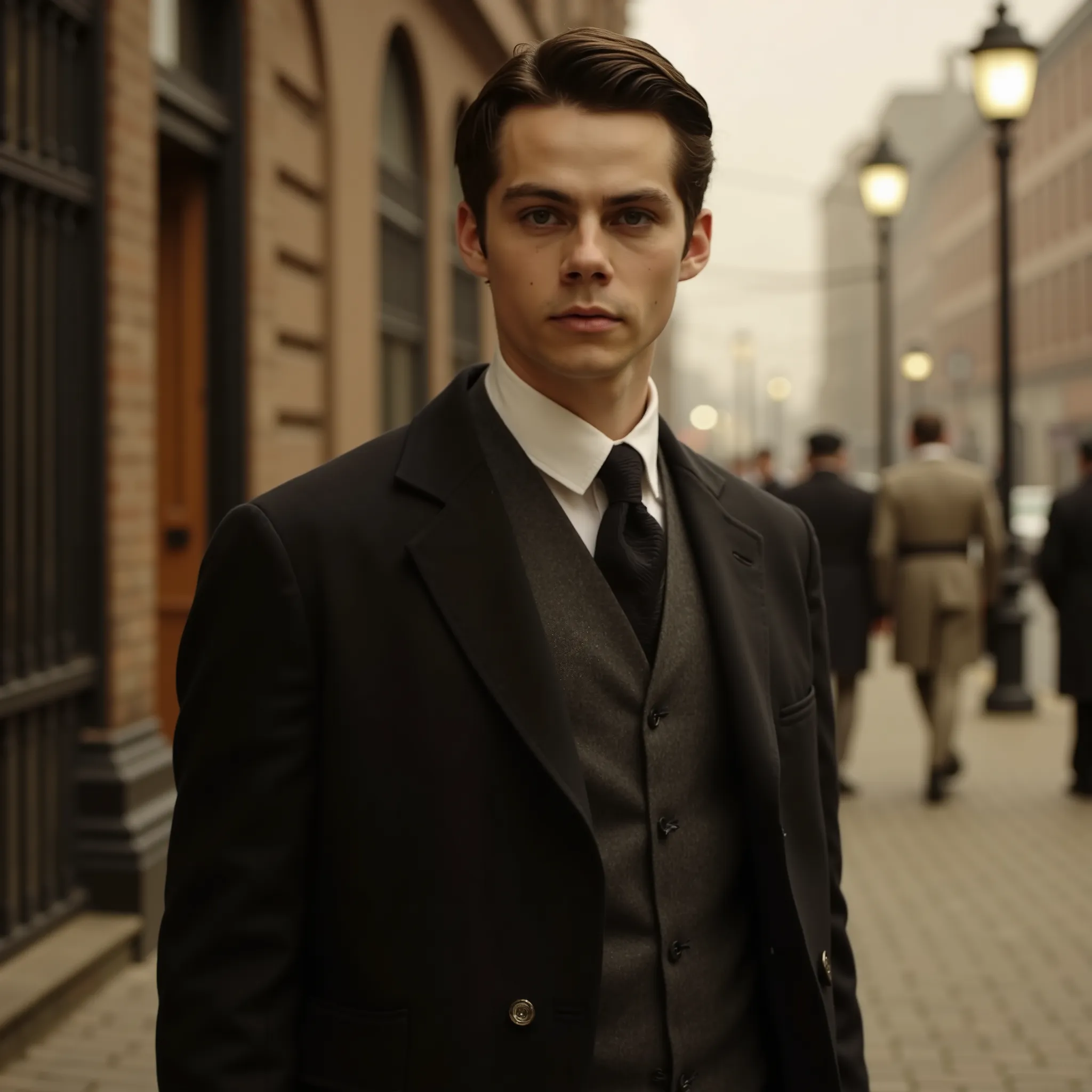 ((close)) A young man with dark brown hair neatly styled and deep brown eyes, with defined features and a calm, enigmatic expression. He is dressed in formal 1919 attire — a tailored three-piece suit with a high-collared shirt, a vest, and a classic overco...