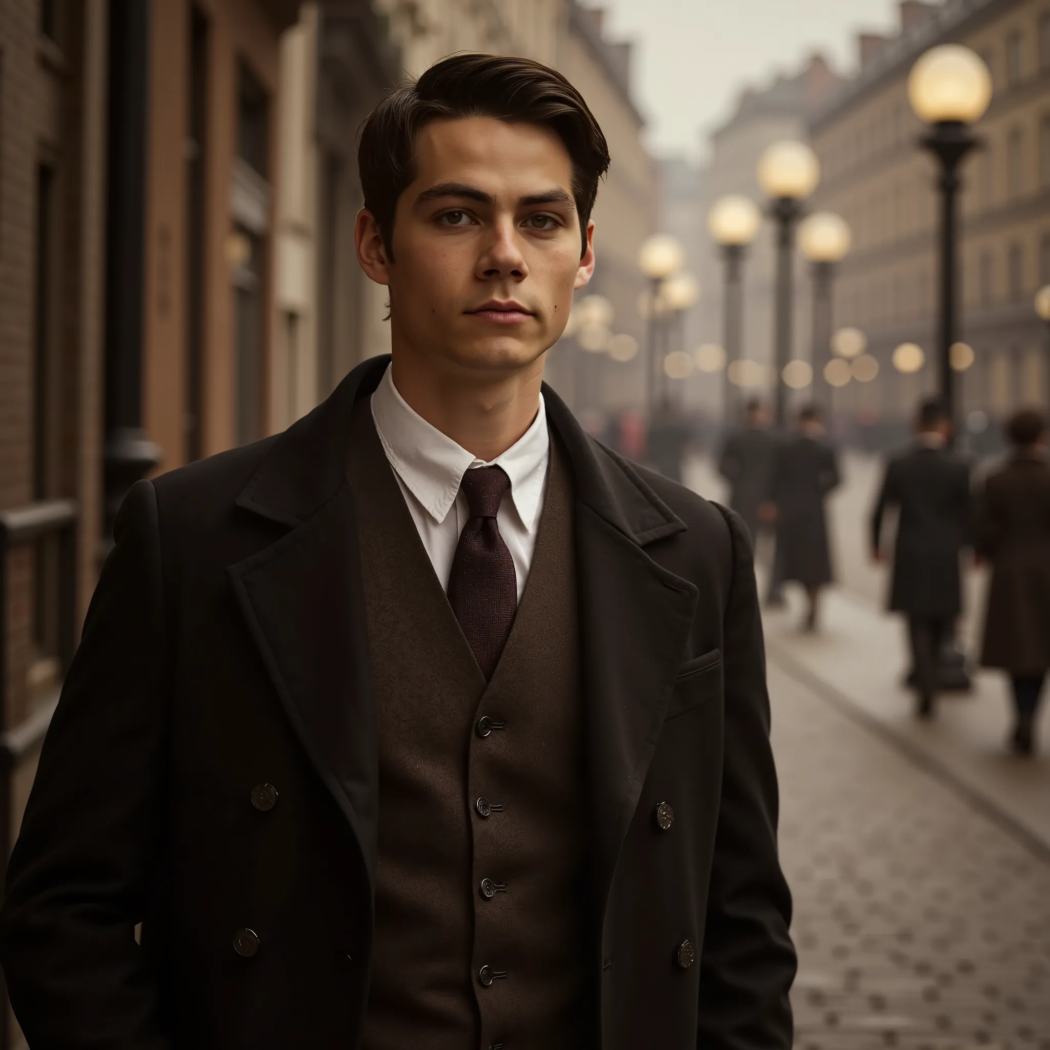 ((close)) A young man with dark brown hair neatly styled and deep brown eyes, with defined features and a calm, enigmatic expression. He is dressed in formal 1919 attire — a tailored three-piece suit with a high-collared shirt, a vest, and a classic overco...