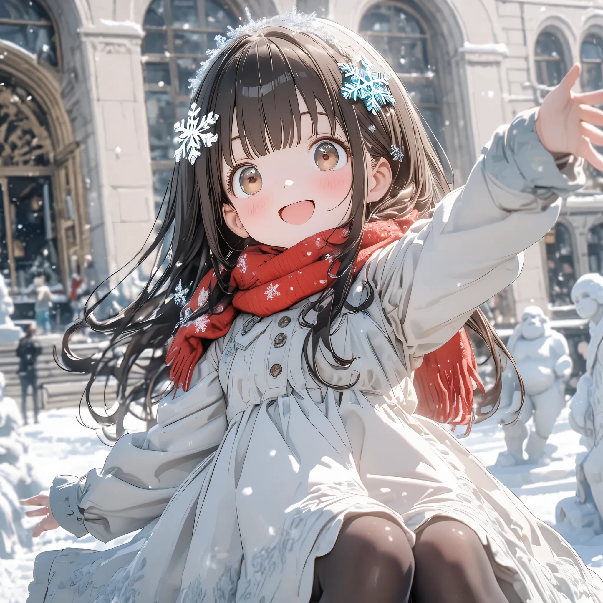 Super Details, 8k, Nice, Bright,cute girl、long black hair、Brown Eye、Beautiful eyes、 Snow Scenery 、snowflake hair ornament、white dress、red scarf、black tights、Smile Yan、Destroy the gorilla snow statue