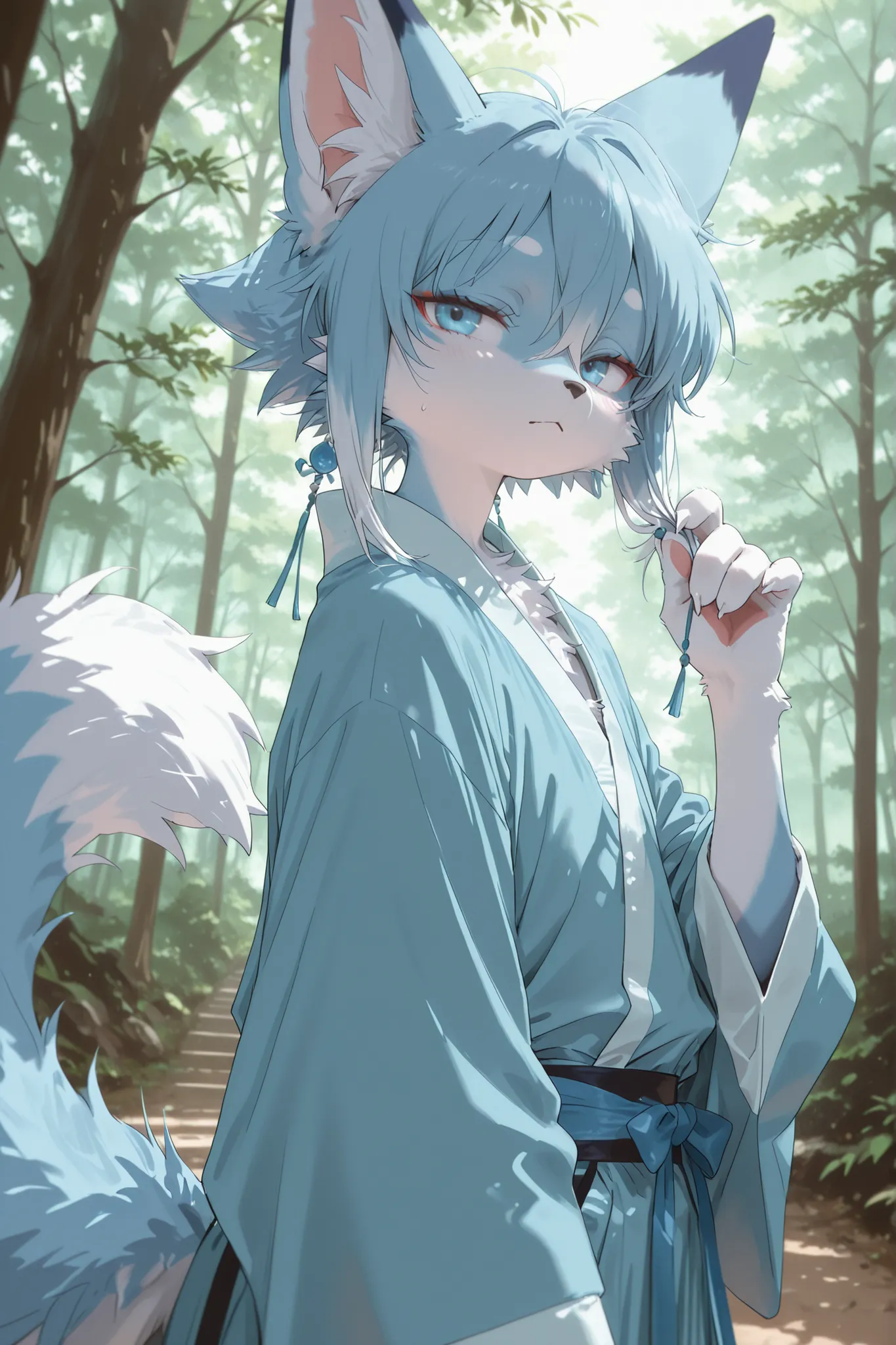 (masterpiece, detailed:1.2),Kemono ,Furry ,fur blue and white, fox, ((male)) , spiky haircut , fluffy , blue eyes, Hanfu blue, Hair blue, forest,
