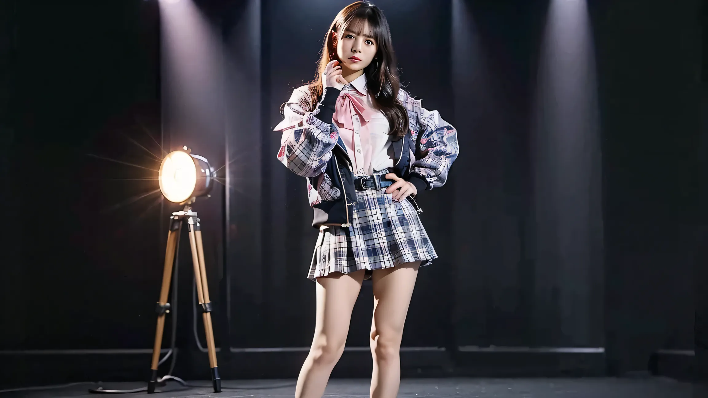 (8k、     RAW photos   、   top quality、masterpiece   :1.2)、(   realistic   、   realistic   )、1 person、((Pink and black、  jacket、 gloves、 plaid miniskirt to make up for embarrassment、   boots、 black background、Thin legs、whole body、Hands on Hips、 standing fac...