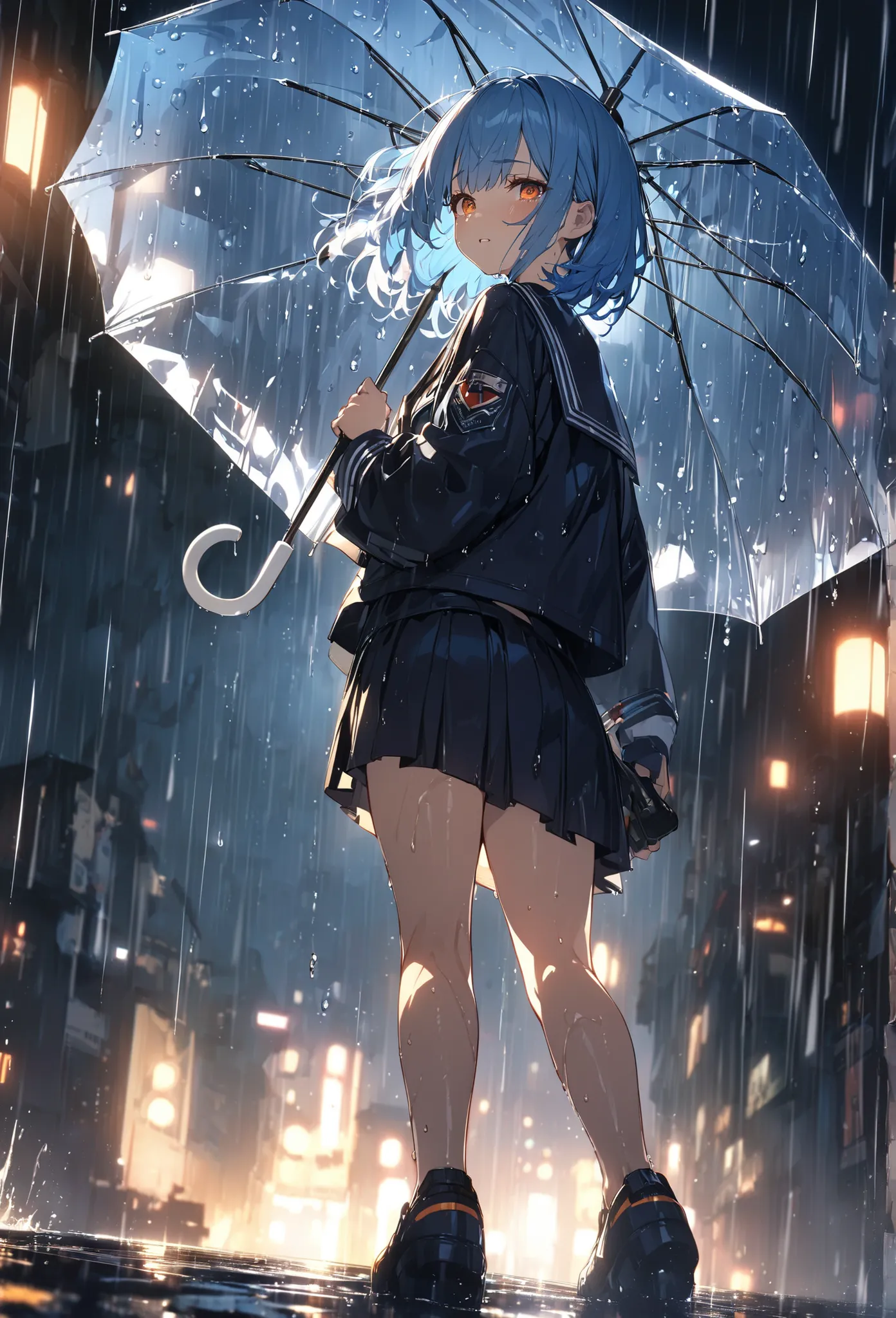 One Girl、Light blue hair、Orange Eyes、Slanted Eyes、Black sailor suit、Navy blue mini skirt、whole body、Holding an umbrella、look back、rain、blue hair, wet hair, bob cut, tsurime, Orange Eyes,  tears, uhd, super detail、Dim lighting