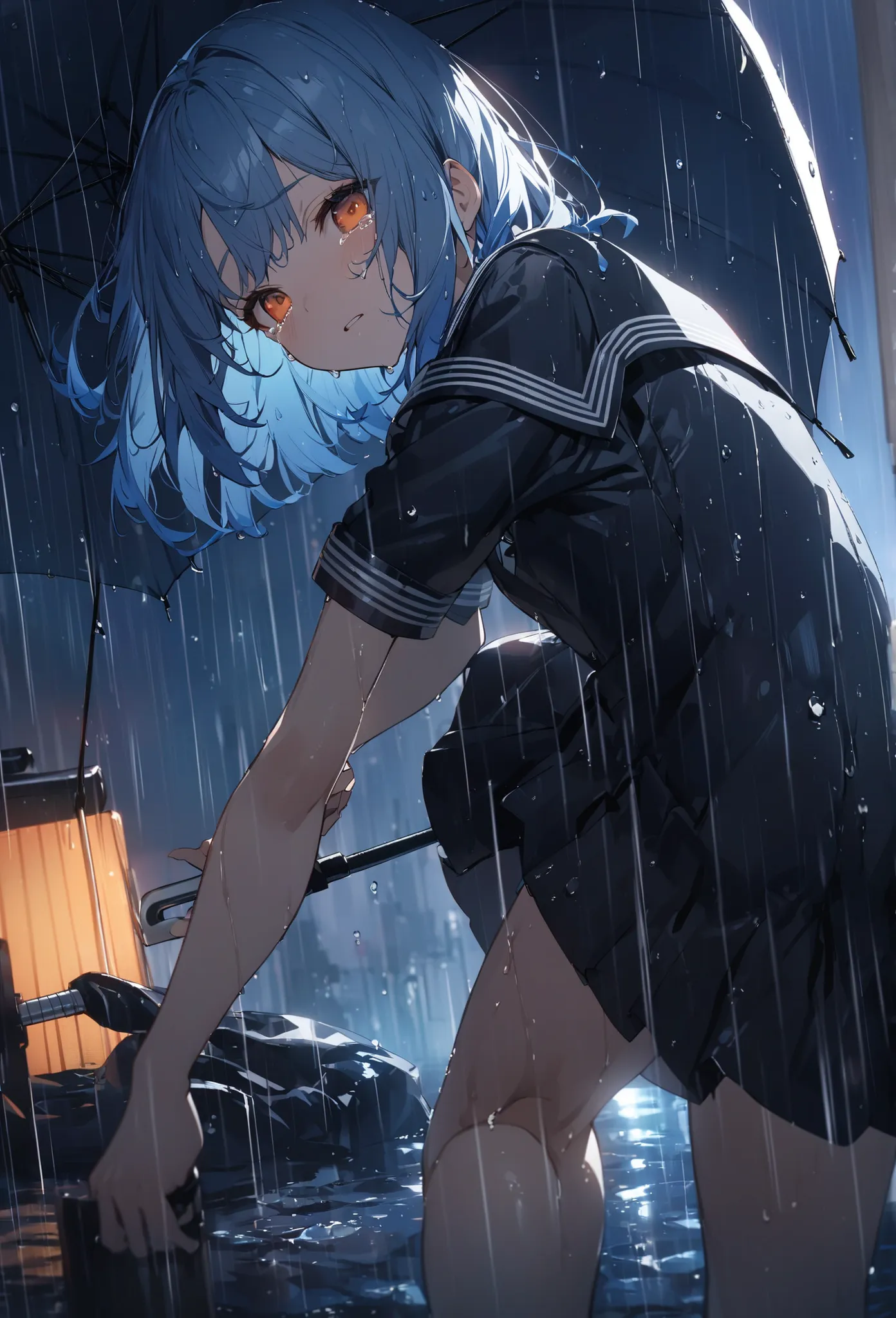 One Girl、Light blue hair、Orange Eyes、Slanted Eyes、Black sailor suit、Navy blue mini skirt、whole body、Holding an umbrella、look back、rain、blue hair, wet hair, bob cut, tsurime, Orange Eyes,  tears, uhd, super detail、Dim lighting