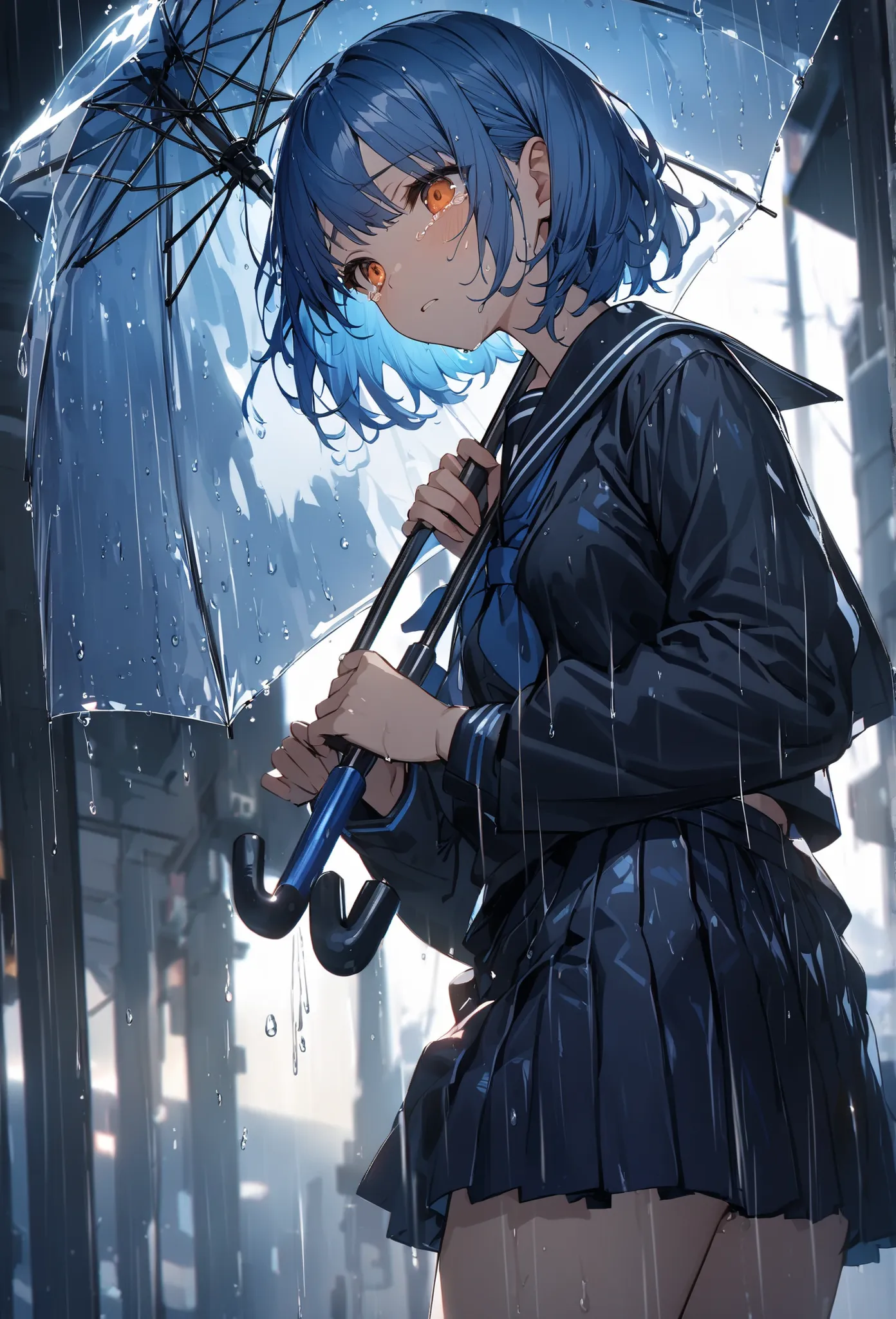 One Girl、Light blue hair、Orange Eyes、Slanted Eyes、Black sailor suit、Navy blue mini skirt、whole body、Holding an umbrella、look back、rain、blue hair, wet hair, bob cut, tsurime, Orange Eyes,  tears, uhd, super detail、Dim lighting
