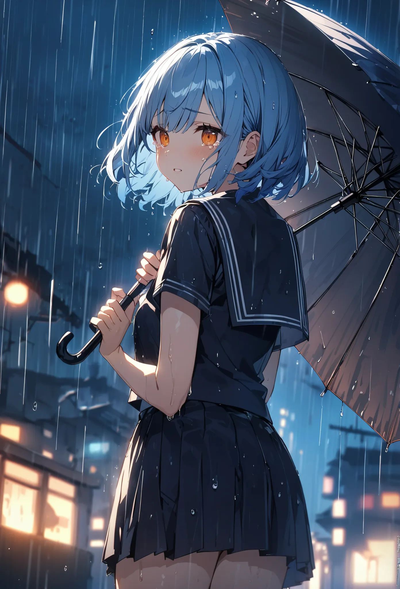 One Girl、Light blue hair、Orange Eyes、Slanted Eyes、Black sailor suit、Navy blue mini skirt、whole body、Holding an umbrella、look back、rain、blue hair, wet hair, bob cut, tsurime, Orange Eyes,  tears, uhd, super detail、Dim lighting