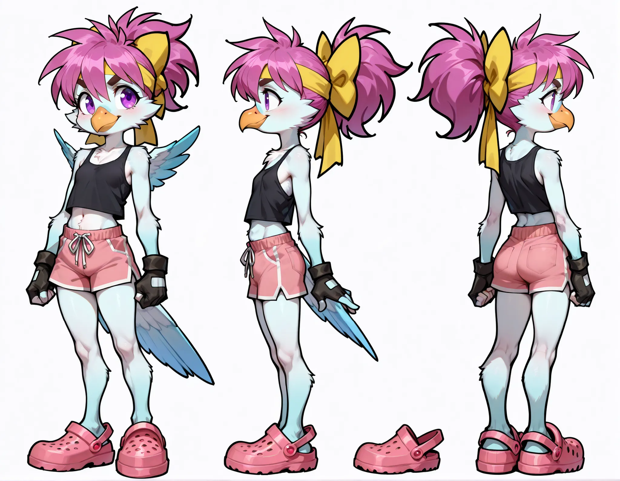 score_9,score_8_up,score_7_up, source_cartoon, spurce_anime, source_furry, Furry girl, bird, yellow bird beak, magenta hair, short spiky hairstyle, short spiky ponytail, anime style, small breasts, purple eyes, big eyebrows, feathered pointed ears,  ((yell...