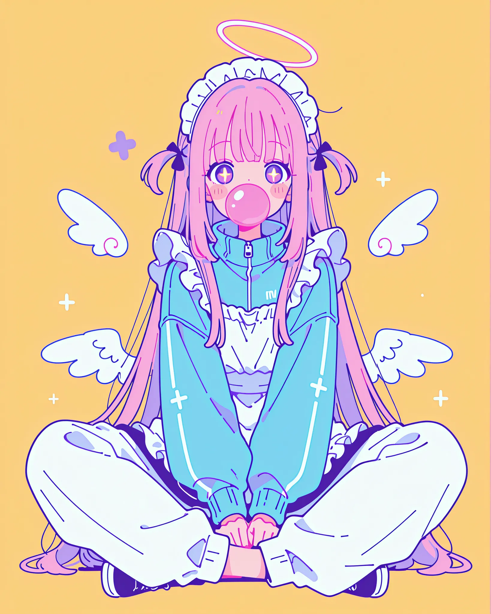 cute anime devil girl wearing a bright neon blue schoolrun jacket and a pure white ruffled maid apron（plain neon yellow background）. angel ring、Angel Wings、thick straight cut bangs, Wave Long Hair、Jersey Long Pants, Sporty Maid Outfit, Cold look, Exquisite...
