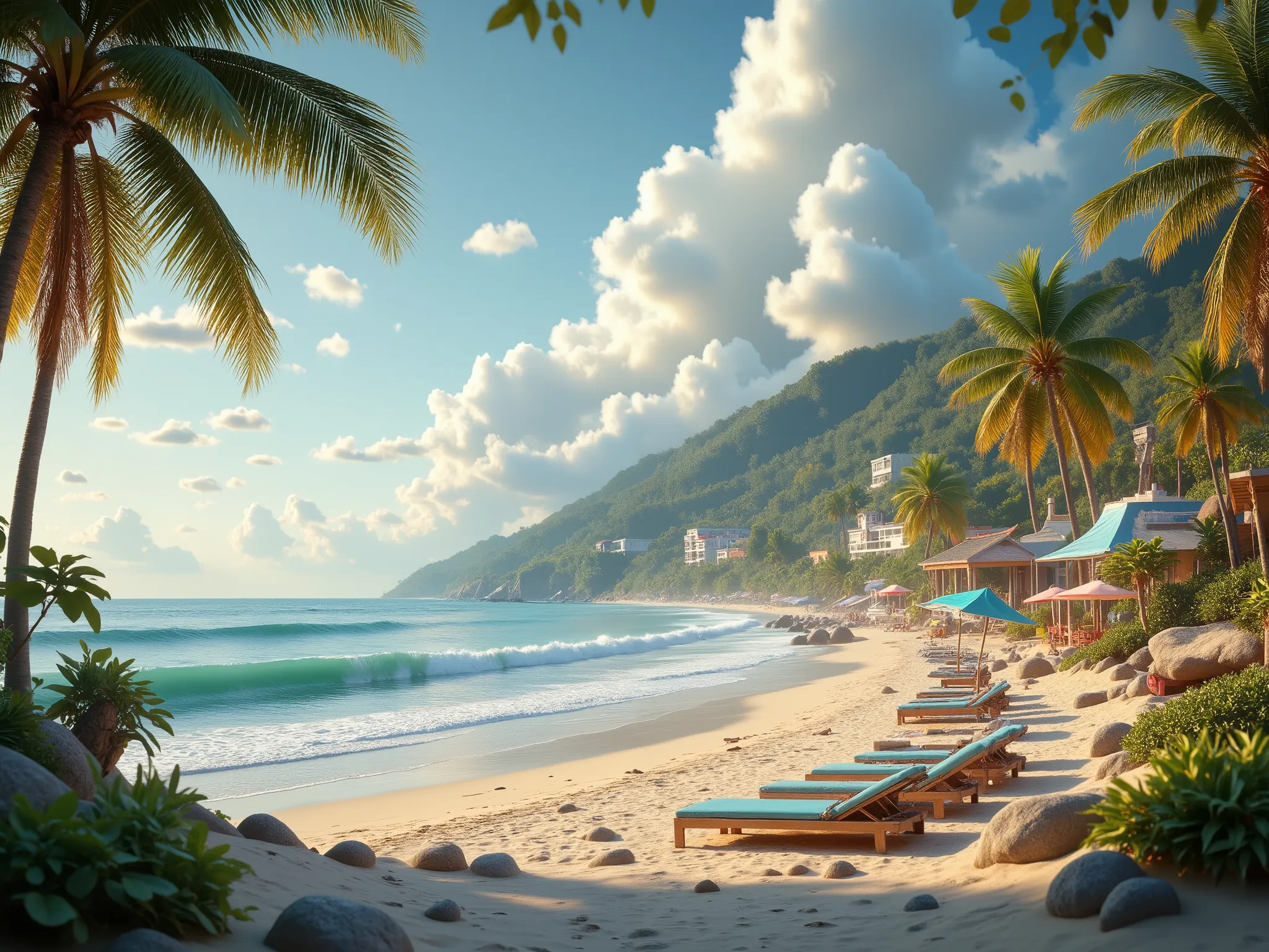 ultra-detailed 8K cinema scene, ein sonniger Strand, farther away a beach café, slightly cloudy sky, hellblaue Wellen, cremefarbener, beiger Sand, Palmen, Strandsonne, Surfbretter, Sonnenschirme, Deck chairs, Realistic materials, photorealistic presentatio...
